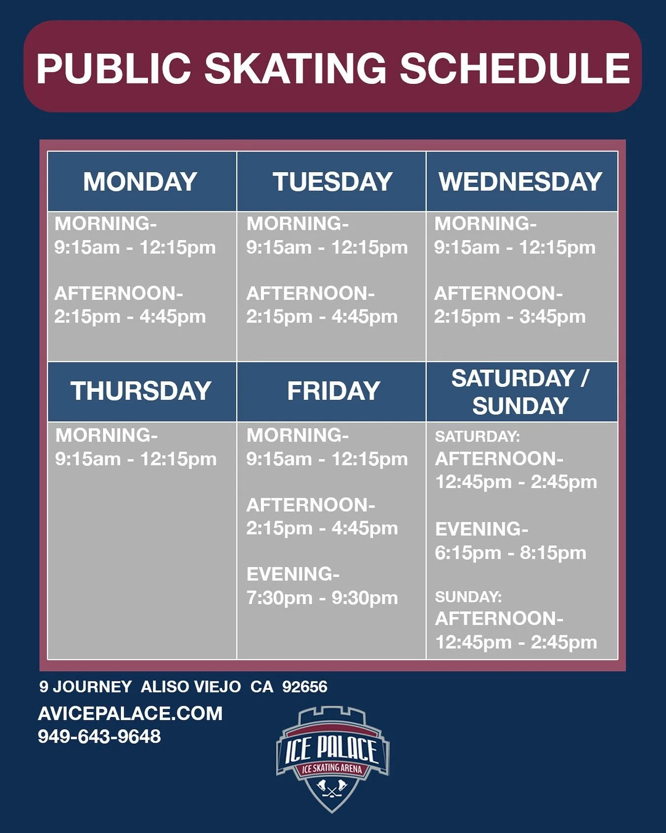 Here&rsquo;s our updated public skating schedule! 

Dont miss out on the perfect way to stay cool.

#publicskating #skating #iceskating #figureskating #freeskating #ice #icerink #publicsession
