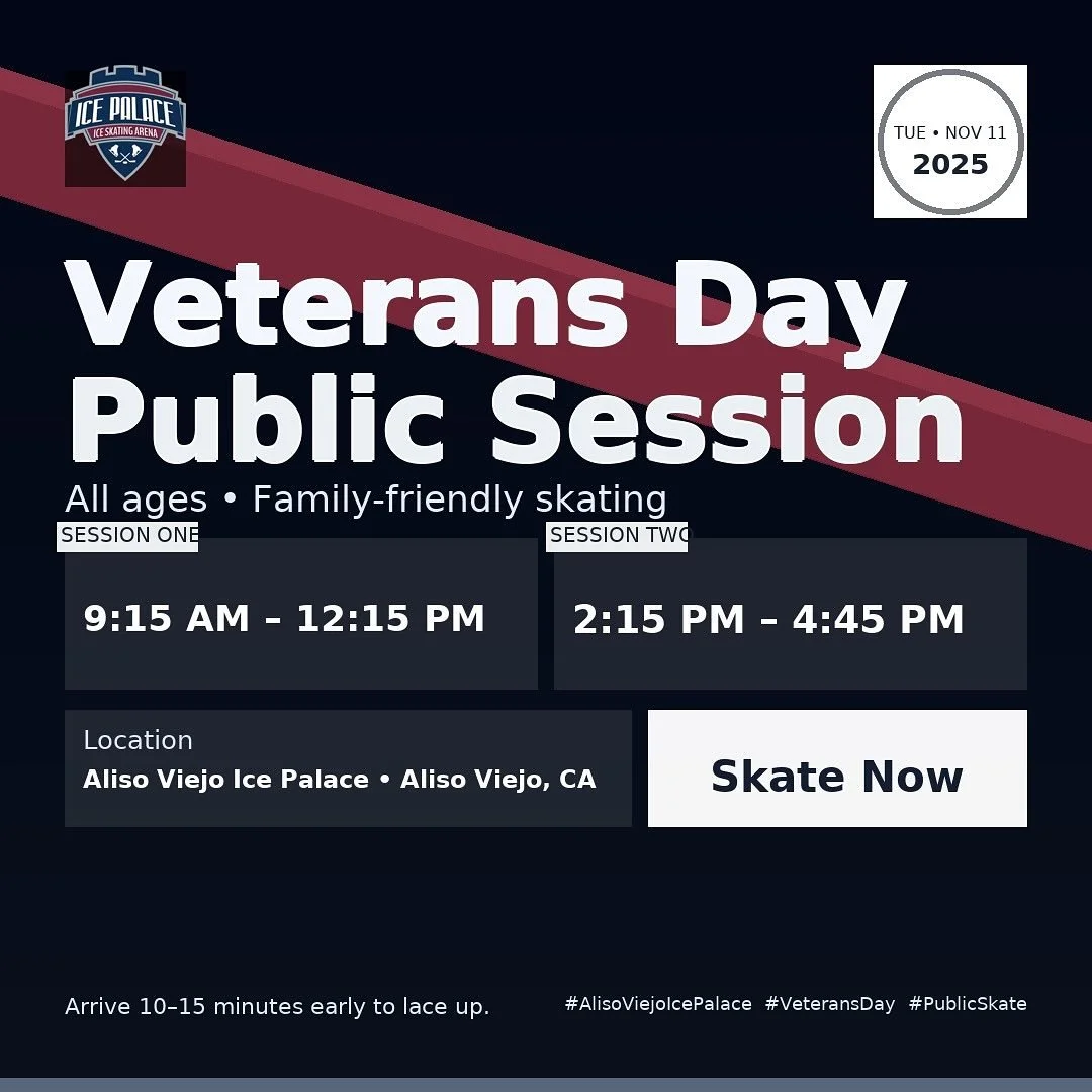 Veterans Day plans = handled. 🇺🇸❄️ Bring the crew to Aliso Viejo Ice Palace on 11/11 for our Public Session&mdash;two chances to skate: 9:15 AM&ndash;12:15 PM and 2:15 PM&ndash;4:45 PM. Good tunes, chill temps, and tons of laps for all ages.
Rental