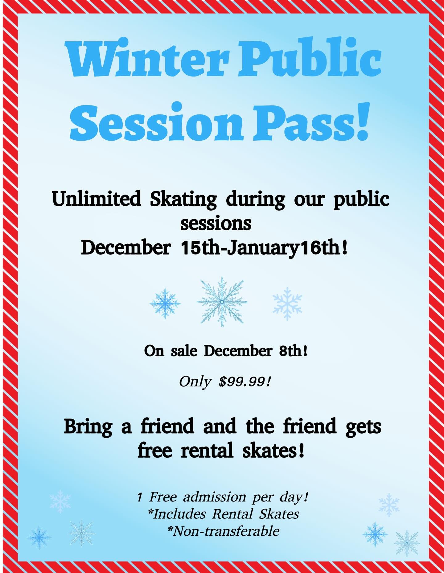 Winter Pass is HERE! Enjoy unlimited skating Dec 15 to Jan 16 for just $99.99, plus your friend gets FREE rental skates when they join you! ⛸️💙 On sale Dec 8!