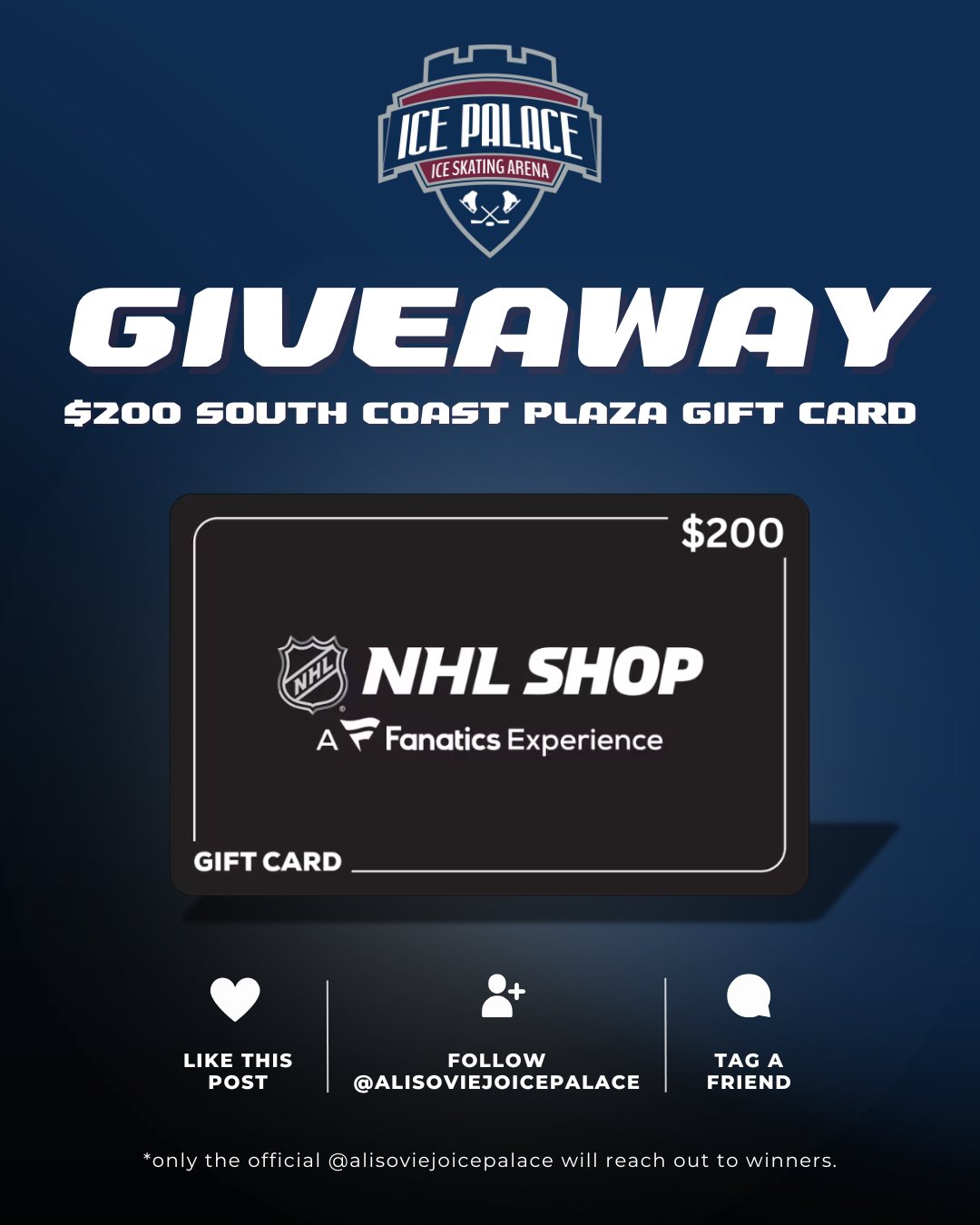 New Year, new giveaway! We&rsquo;re starting 2026 strong with a $200 NHL gift card for all your winter gear and rink-ready essentials. 🏒✨

To enter:
❄️ Like this post
❄️ Follow @alisoviejoicepalace
❄️ Tag a friend in the comments
⛸️ For extra entrie