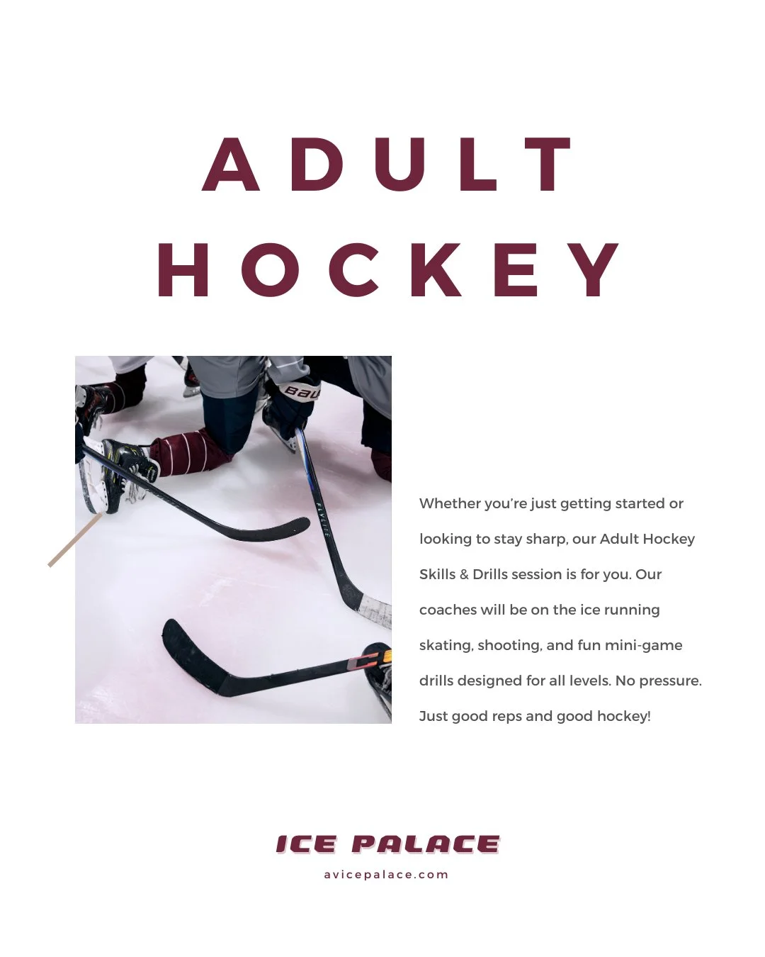 Every Saturday night from 8:30 to 9:45 PM we take the ice for Adult Hockey Skills at AV Ice Palace. 💥🏒 

It&rsquo;s full ice drills, shooting reps, puck control, and scrimmage style practice led by coaches who keep it fun and stress free!

Whether 