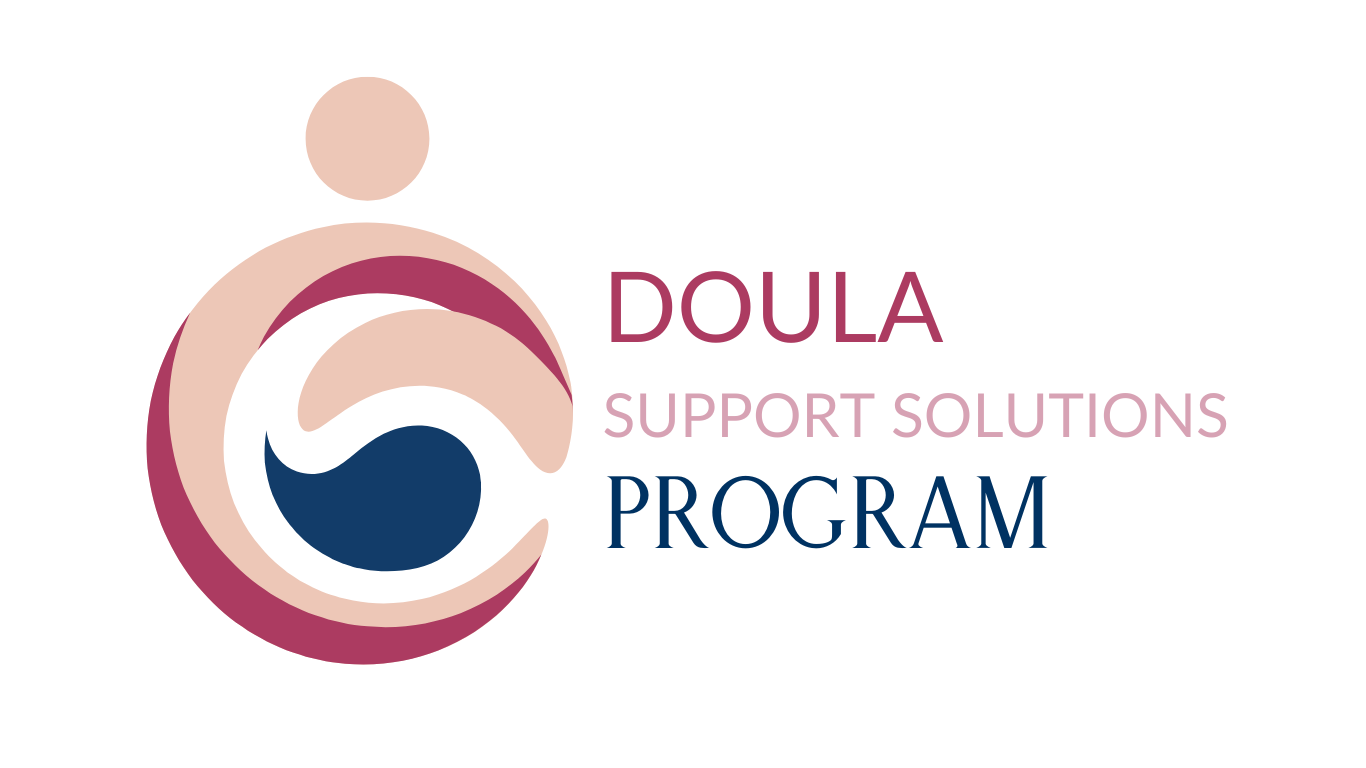 Logo for Doula Support Solutions Program featuring a stylized figure holding a baby in shades of pink, purple, and blue with text to the right.