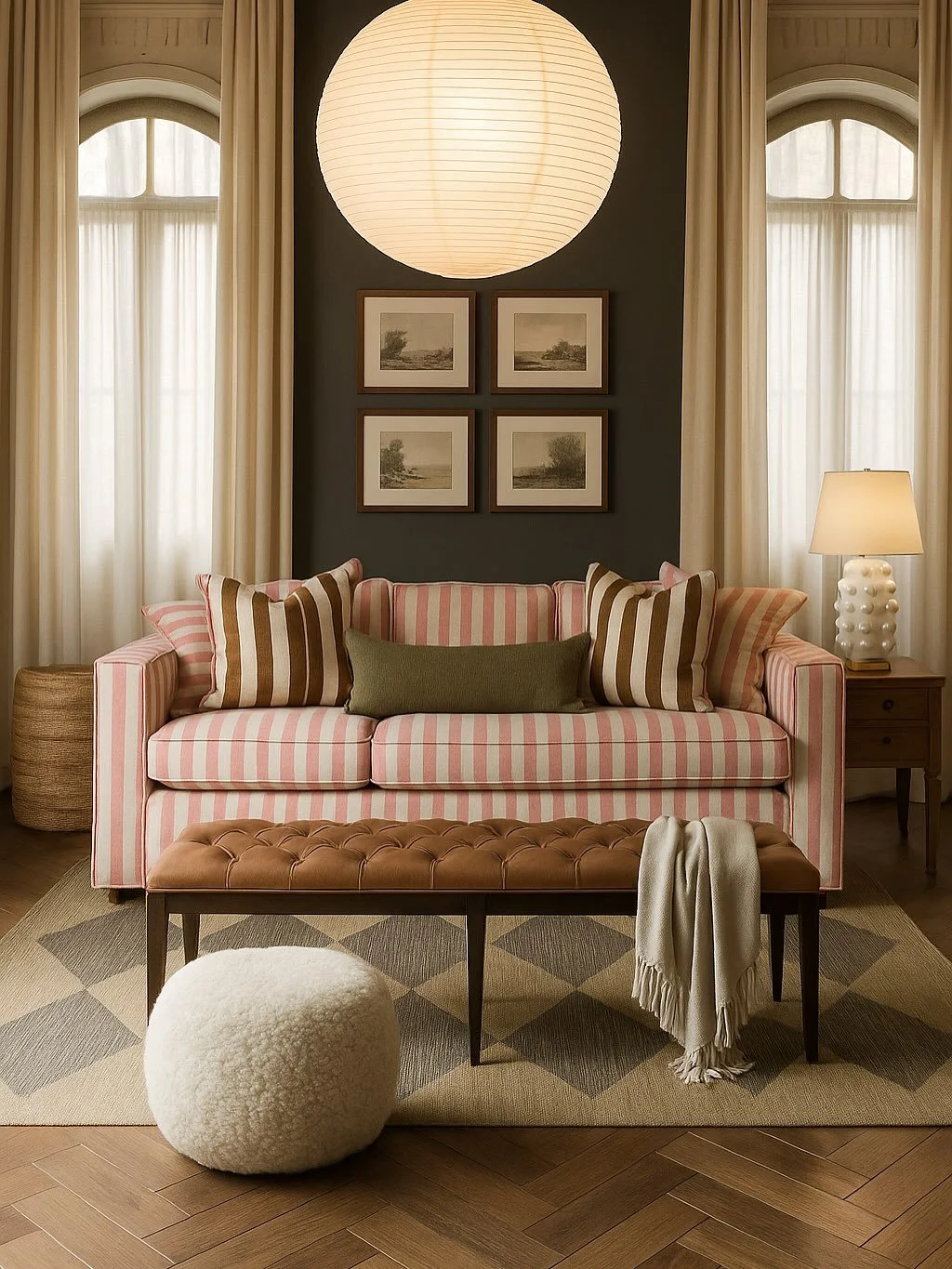 Sometimes you just need a bit of colour in your life; and this striped sofa from a favourite international supplier of mine brings all the fun vibes! Paired with a @bauwerk paint colour to tone down the hues. This @cocorepublic ottoman has been aroun
