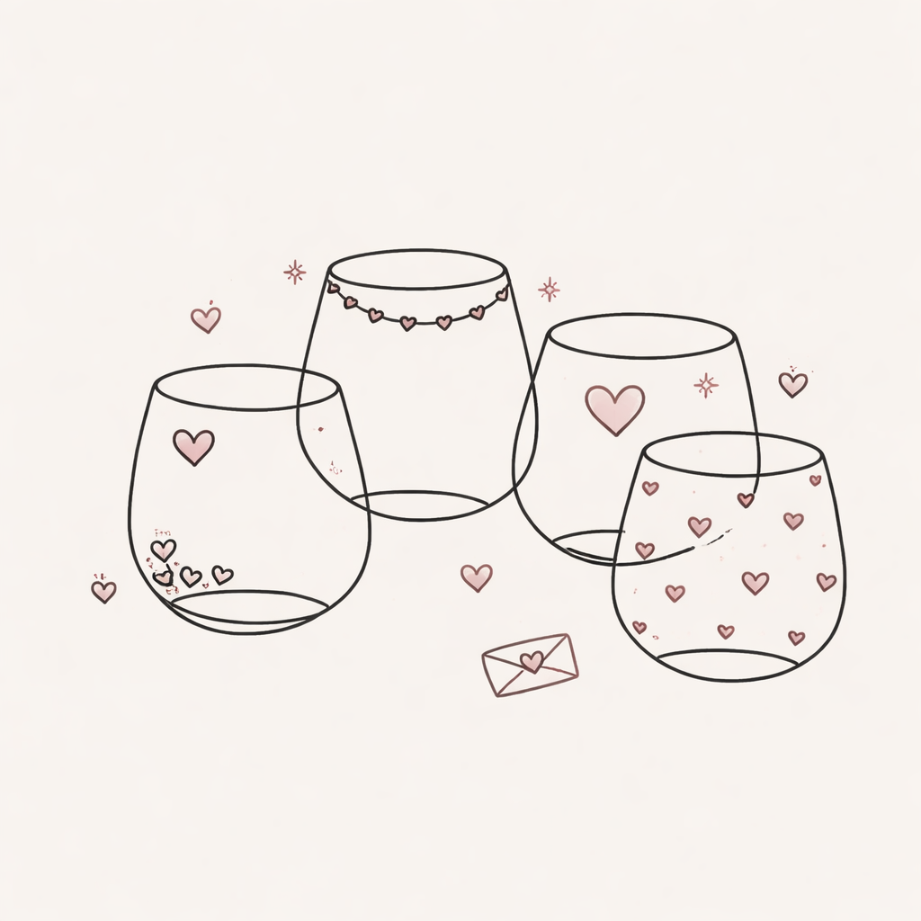 Line drawing of four empty wine glasses decorated with pink hearts and small stars, with a small envelope with a heart on it, surrounded by floating hearts and stars.