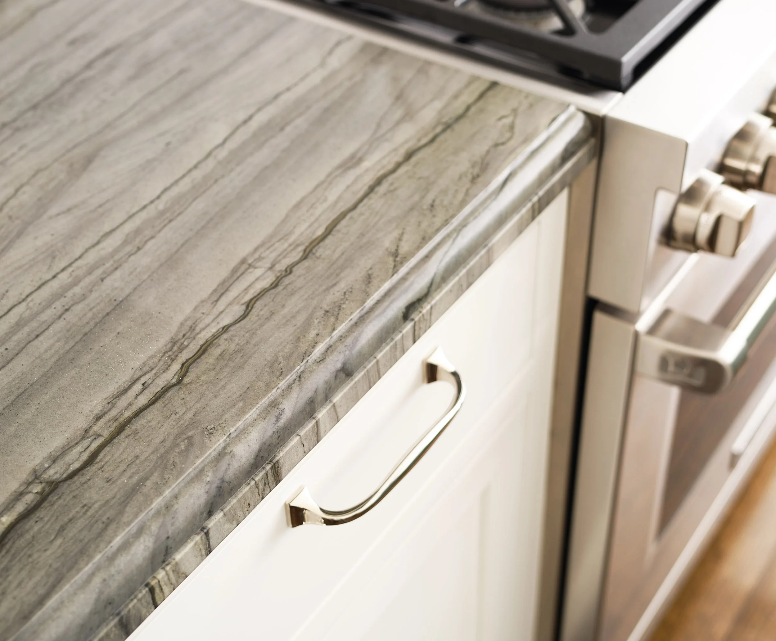 ACD | Alicia Cheung Design detailed this countertop with veined stone, a polished nickel pull, and a professional range, creating a refined and tactile moment perfect for everyday cooking.