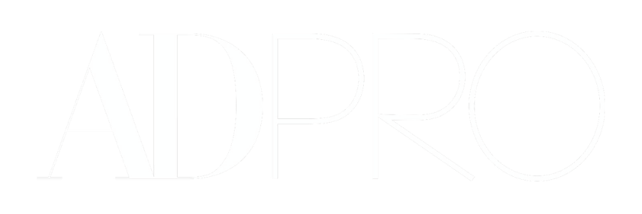 White stylized text spelling 'ADPRO' on a black background.