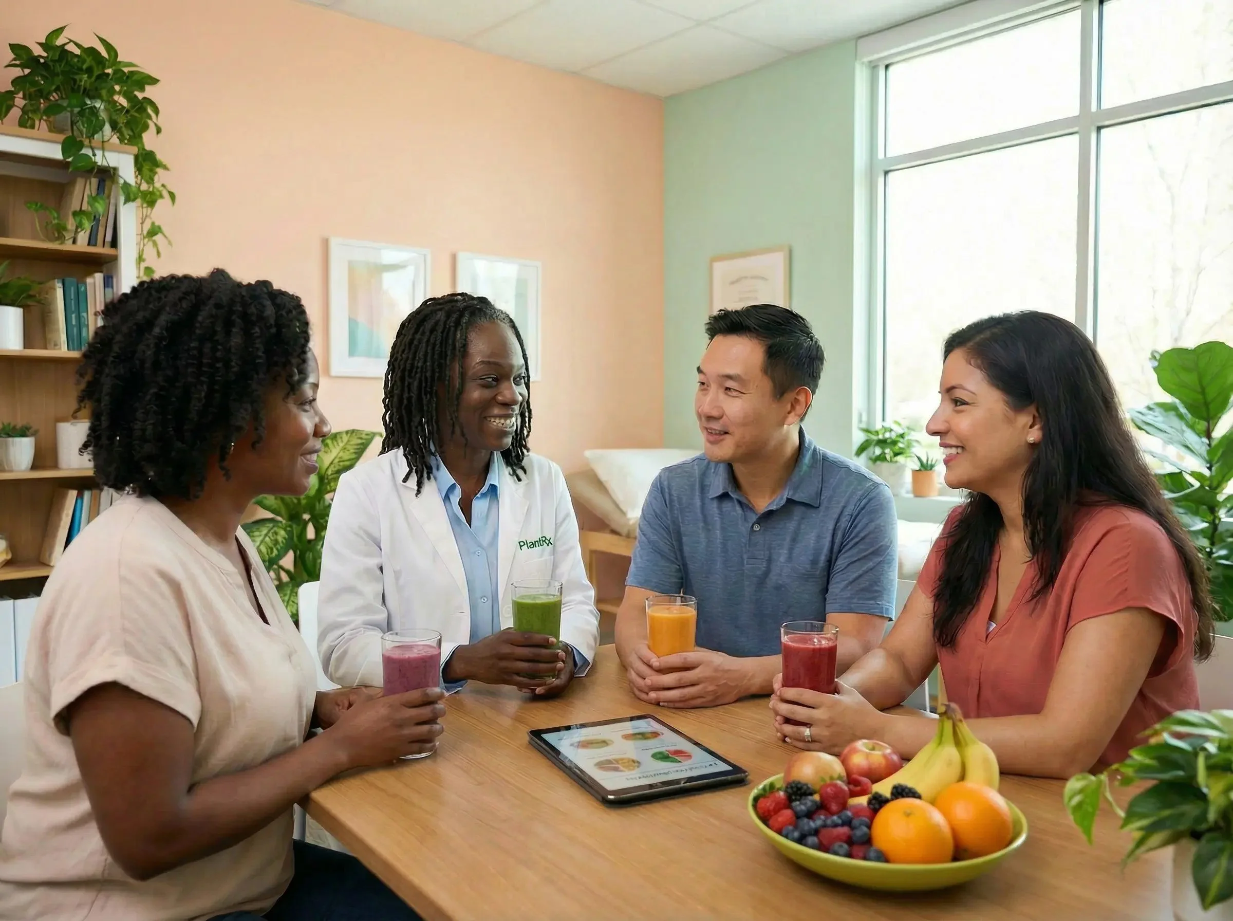 Four people sitting around a wooden table, having a discussion with smoothies and a large bowl of fruit in a bright room with large window and plants
