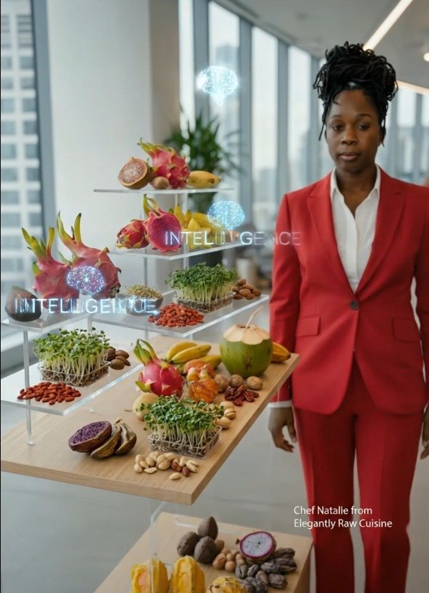 A woman in a red suit standing next to a table with various fresh fruits, vegetables, and nuts displayed on tiers, in a modern office setting.
