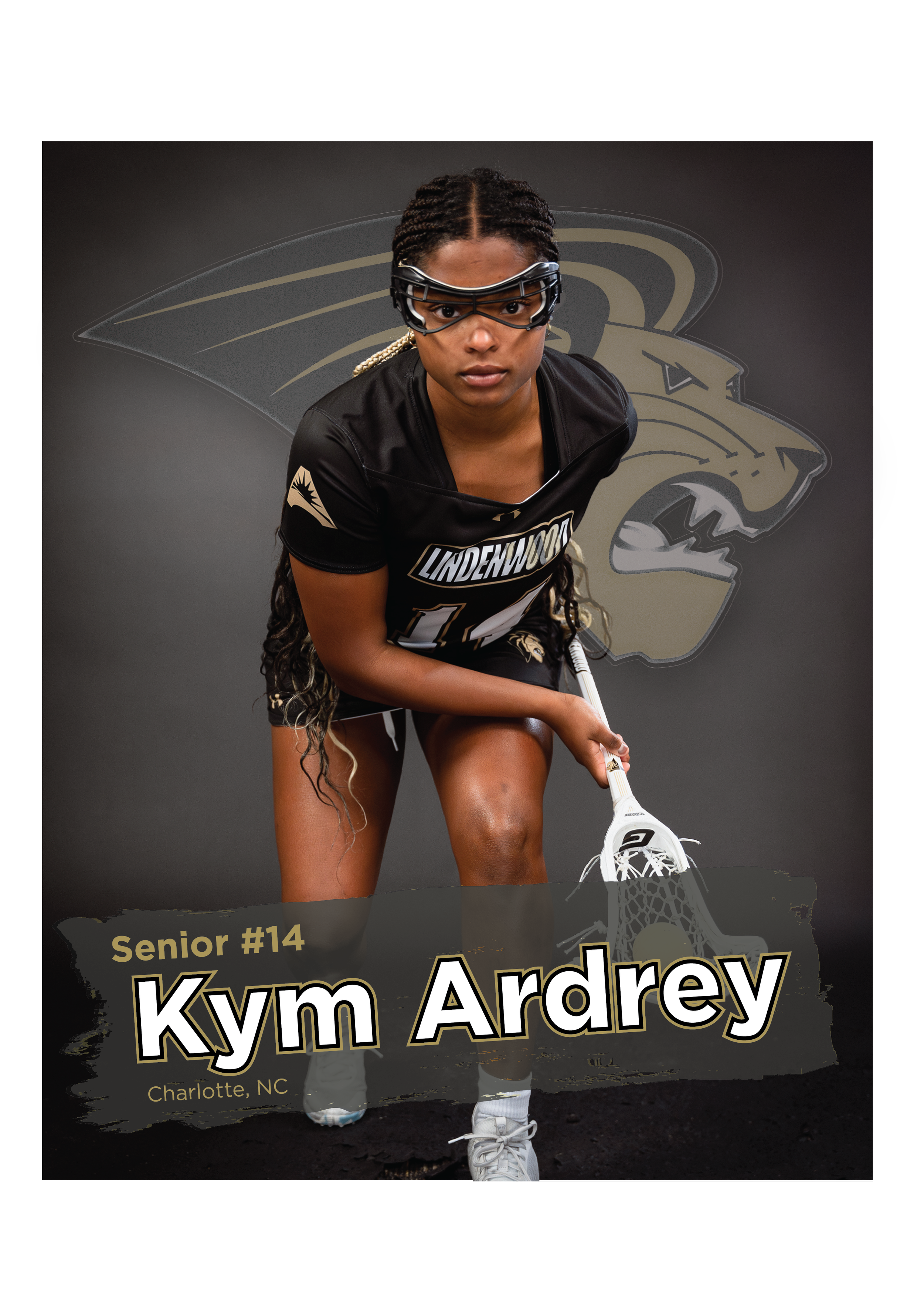 Female lacrosse player in black uniform holding a lacrosse stick, with "Lindenwood" text on jersey and large logo in background. Text reads "Senior #14 Kym Ardrey, Charlotte, NC."