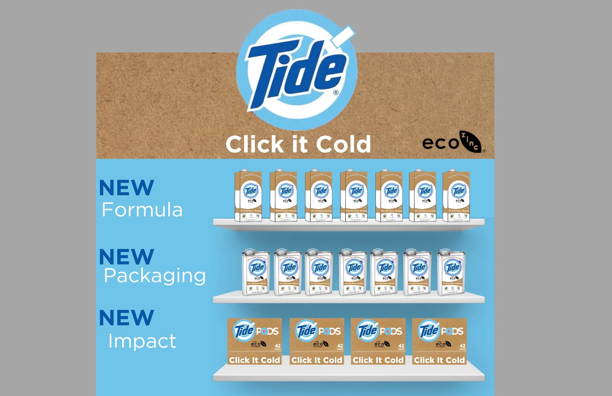 Tide detergent marketing display featuring eco-friendly packaging labeled "Click it Cold," with new formula, packaging, and impact.