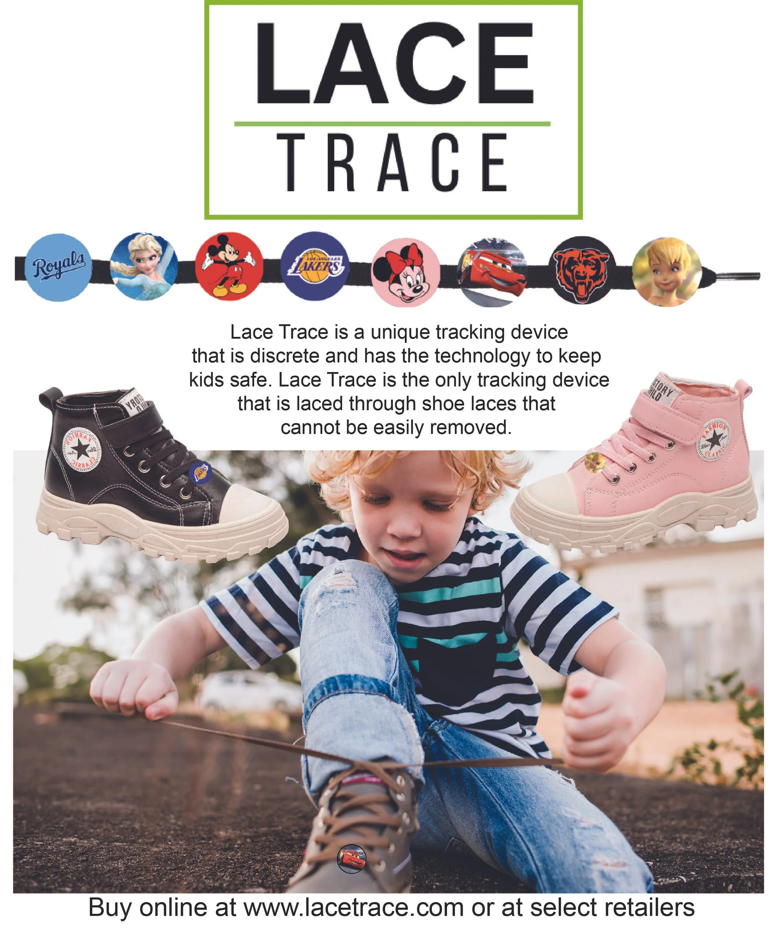 Promotional image for Lace Trace, a discreet child tracking device. Features two sneakers, one black and one pink, with the device attached to shoelaces. Shows a young child tying shoes with the Lace Trace, which displays various character designs. I