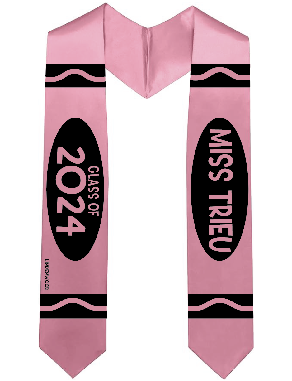 Pink graduation stole with black accents and text, featuring "Class of 2024" and "Miss Trieu."
