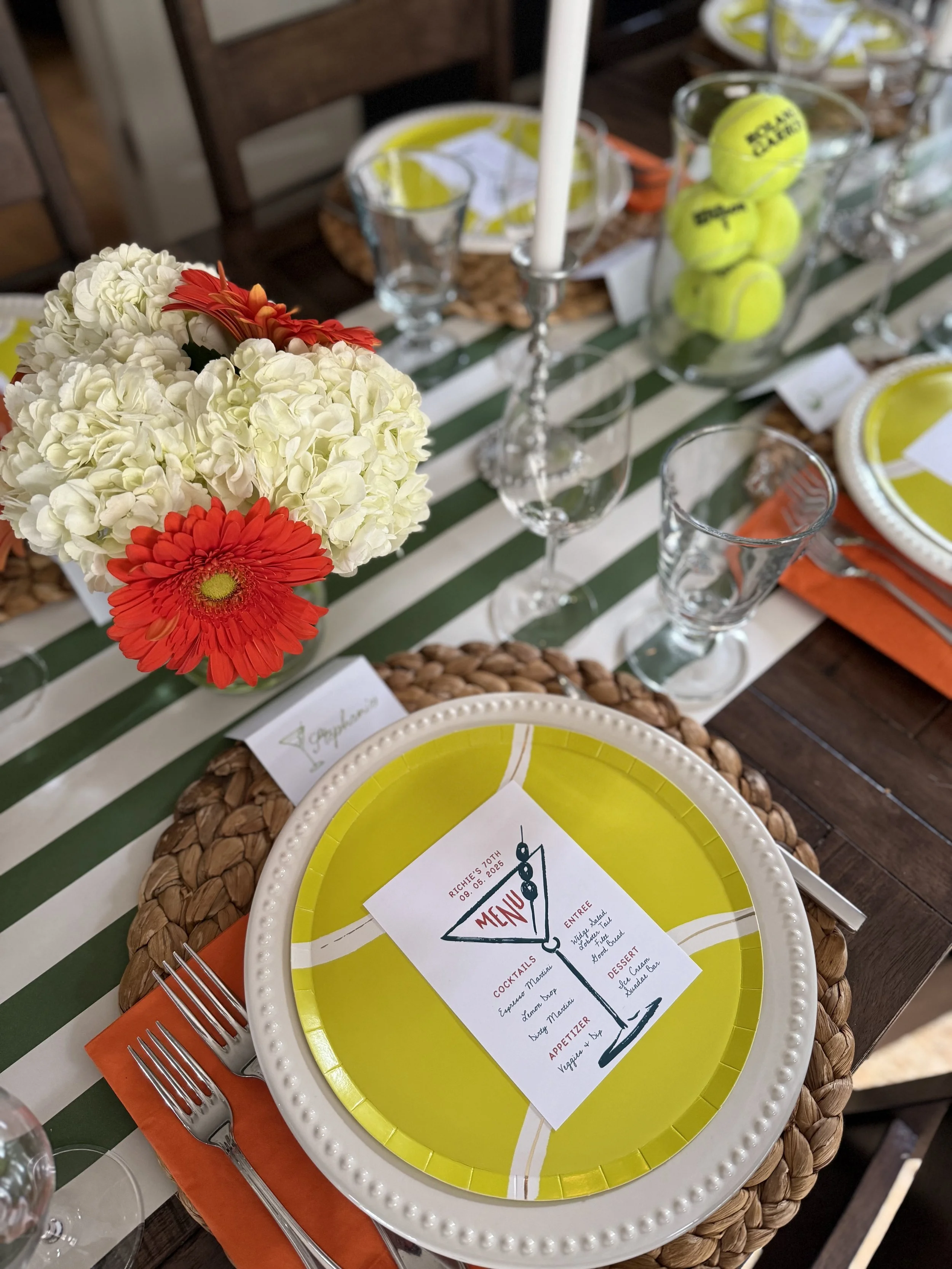 Tennis themed tablescape for a milestone birthday dinner.