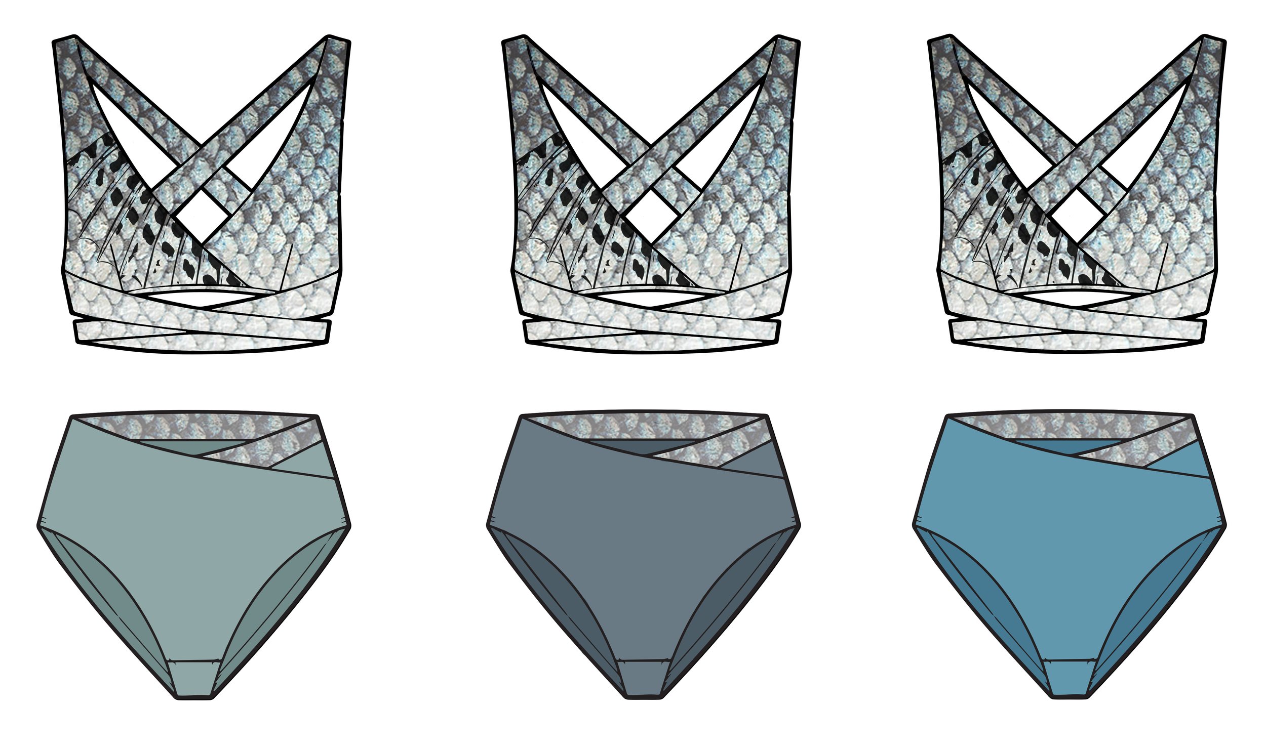 The women's bikinis in muted colors from the patterns, and elements from the creatures stamped (Gyotaku) style onto the fabric.