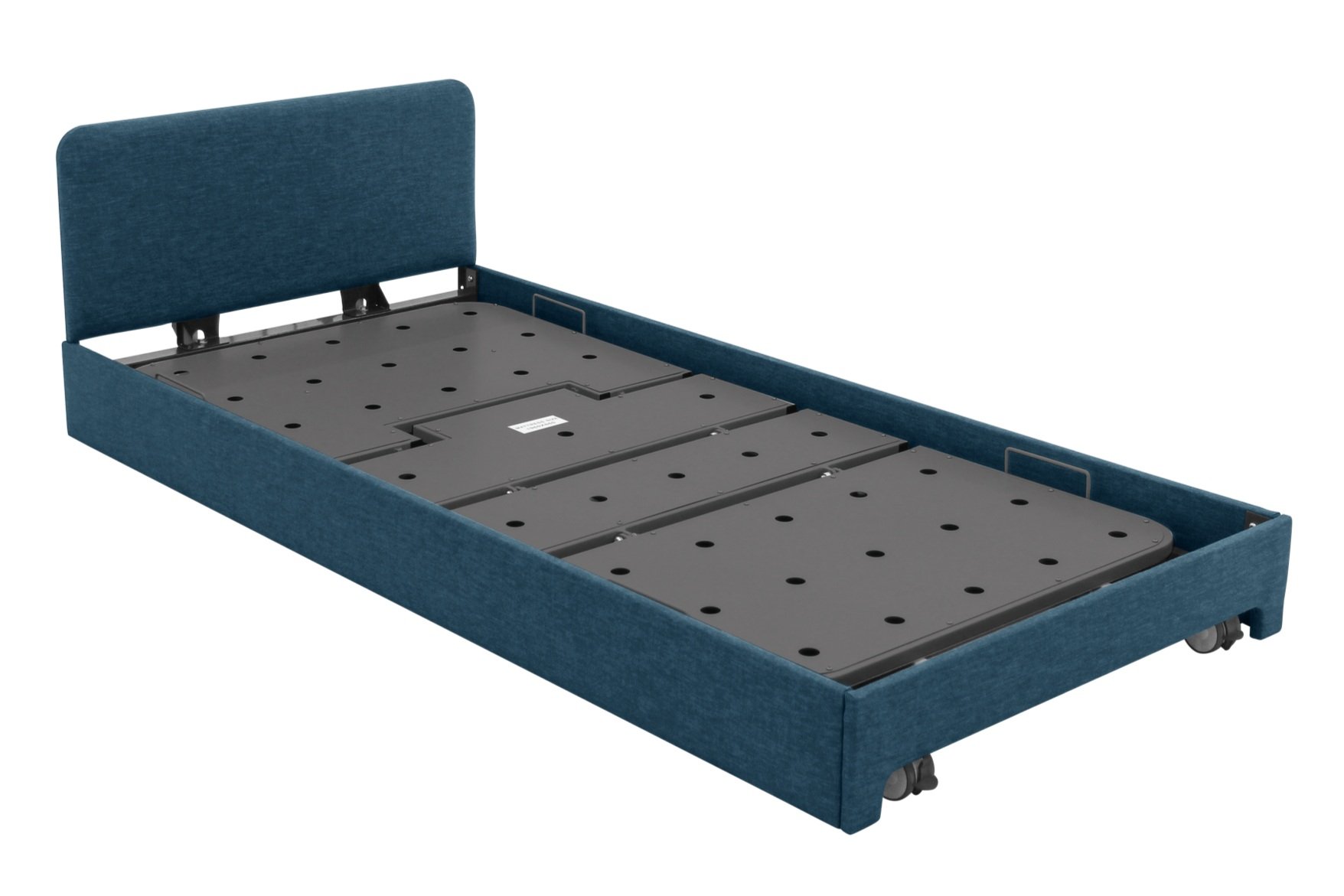 blue upholstered platform bed frame with wheels