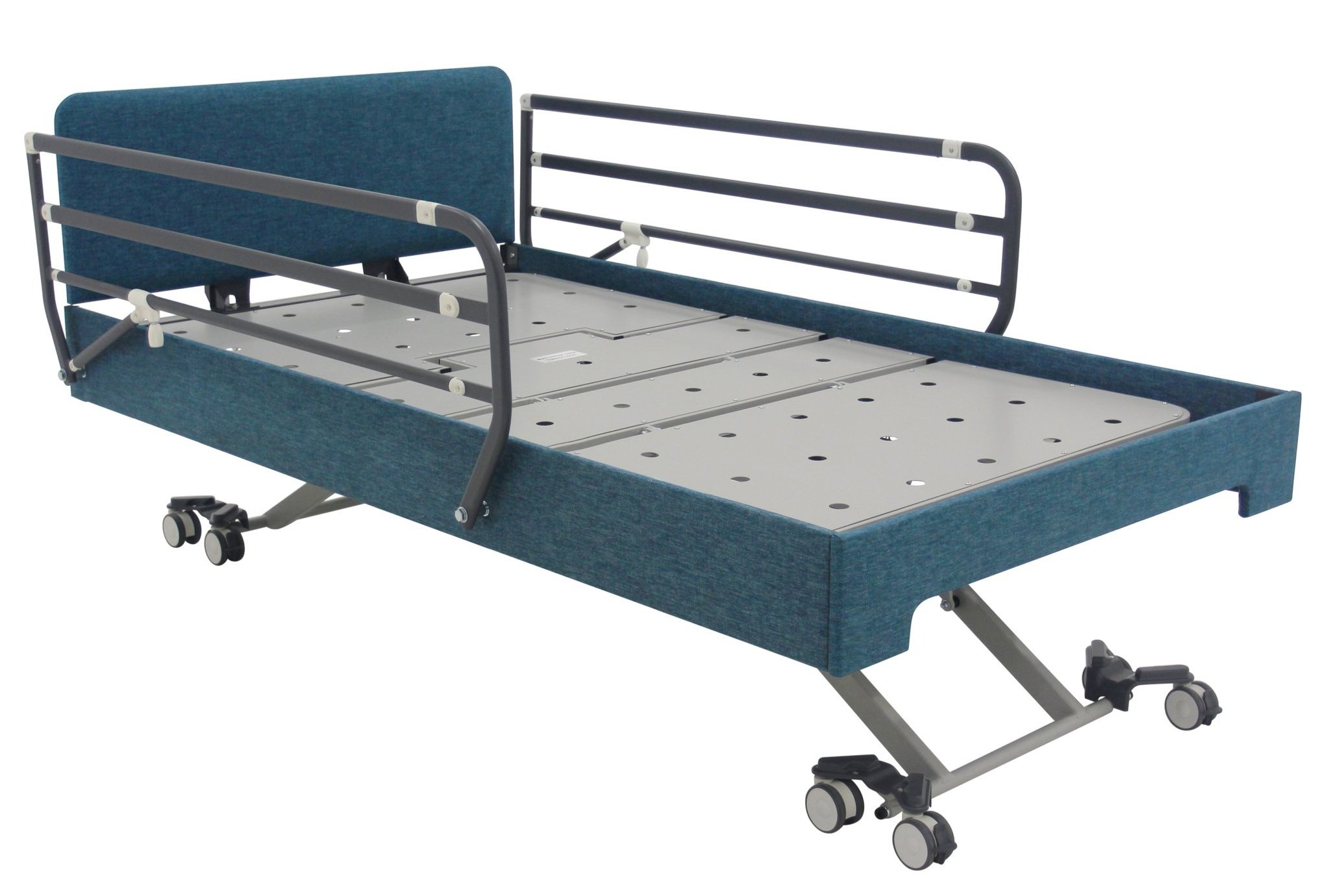 Adjustable medical bed with teal fabric, side rails, and caster wheels.