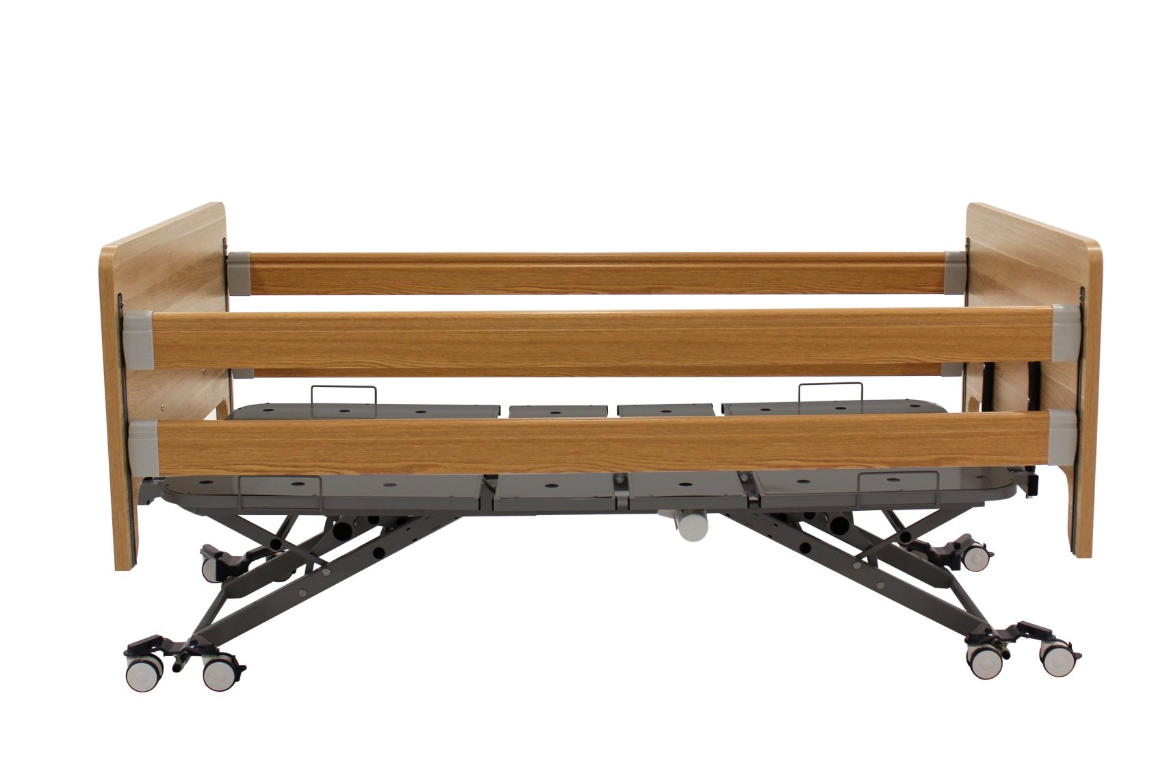 Hospital bed with adjustable height and wooden side rails