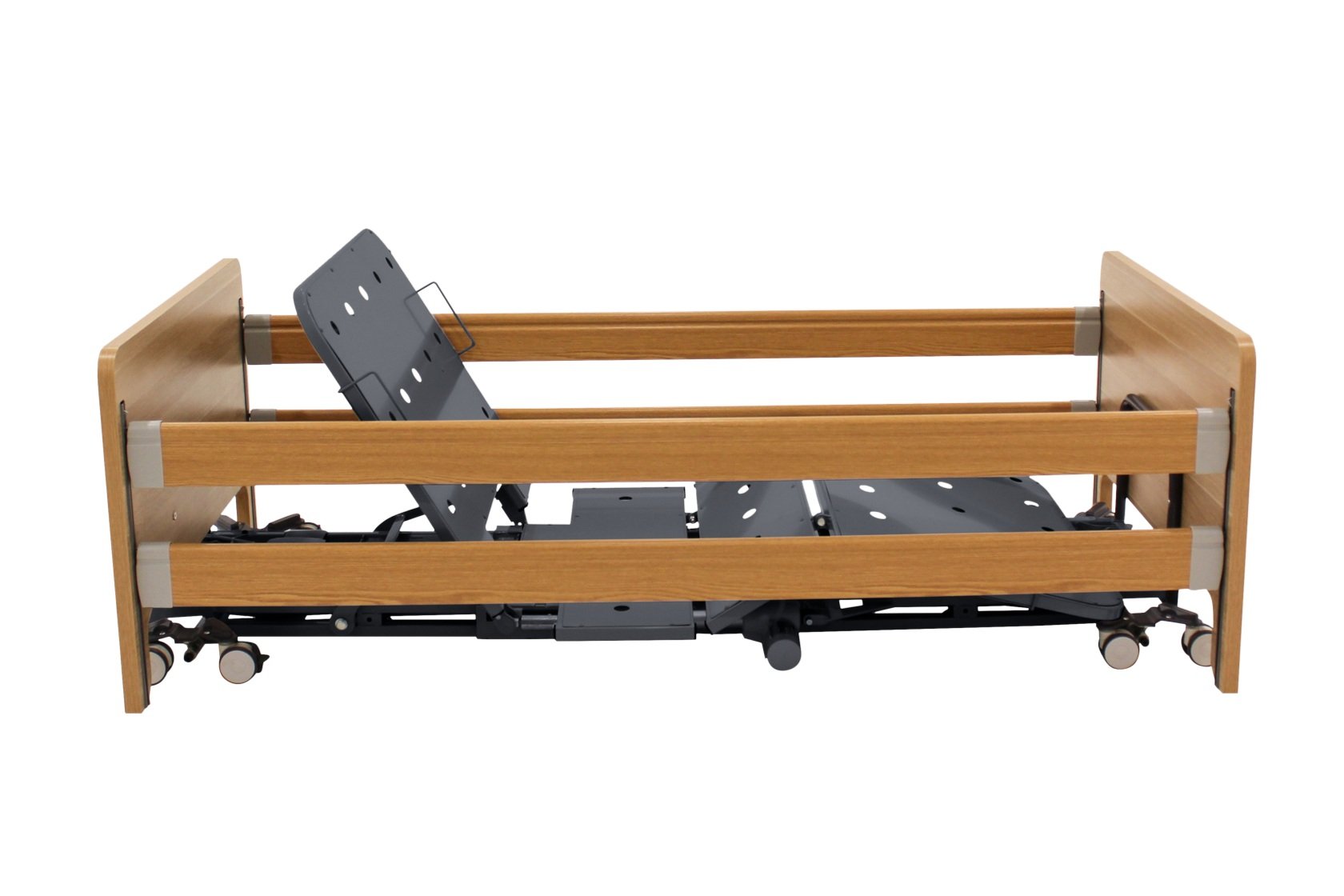 Adjustable hospital bed with wooden rails and metal frame on wheels.