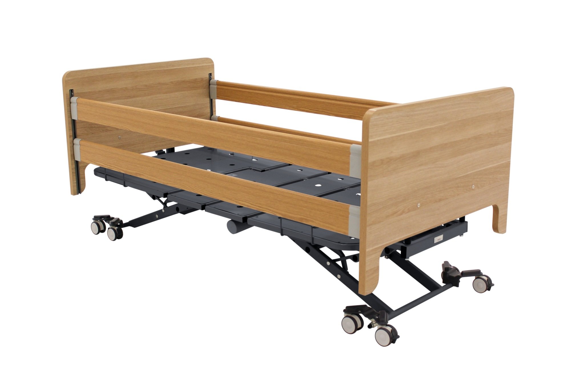 Adjustable hospital bed with wooden side rails and base, on wheels.