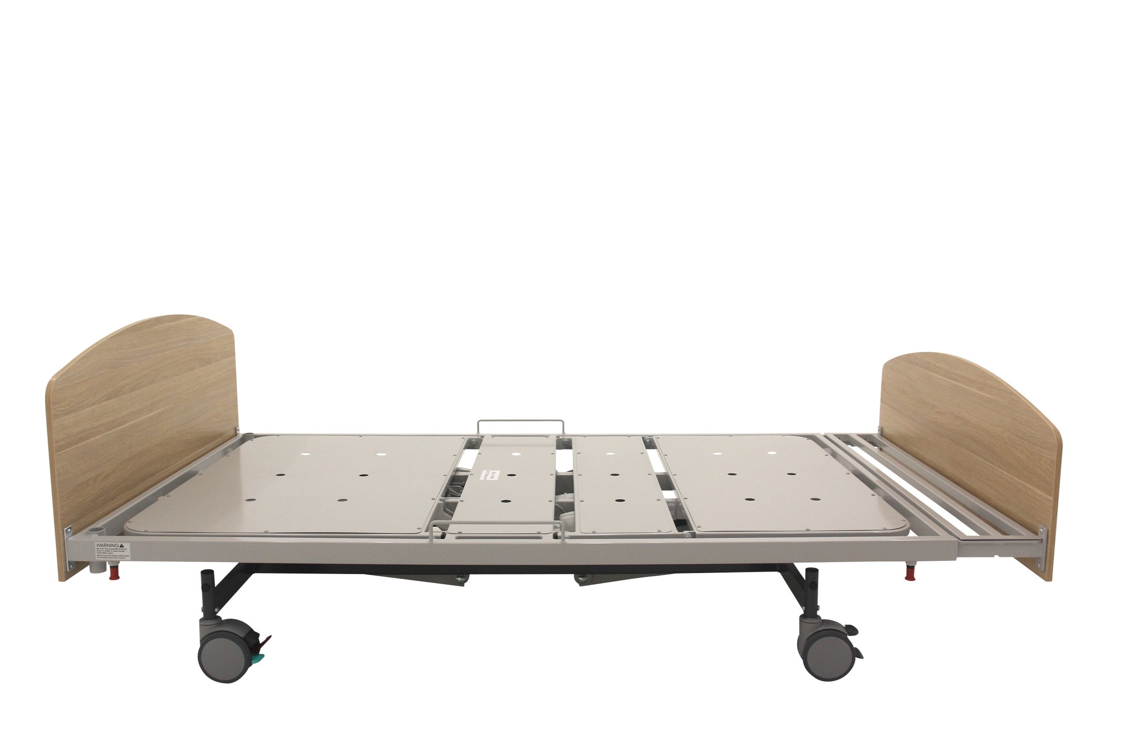 Adjustable hospital bed frame on wheels with wooden headboard and footboard.