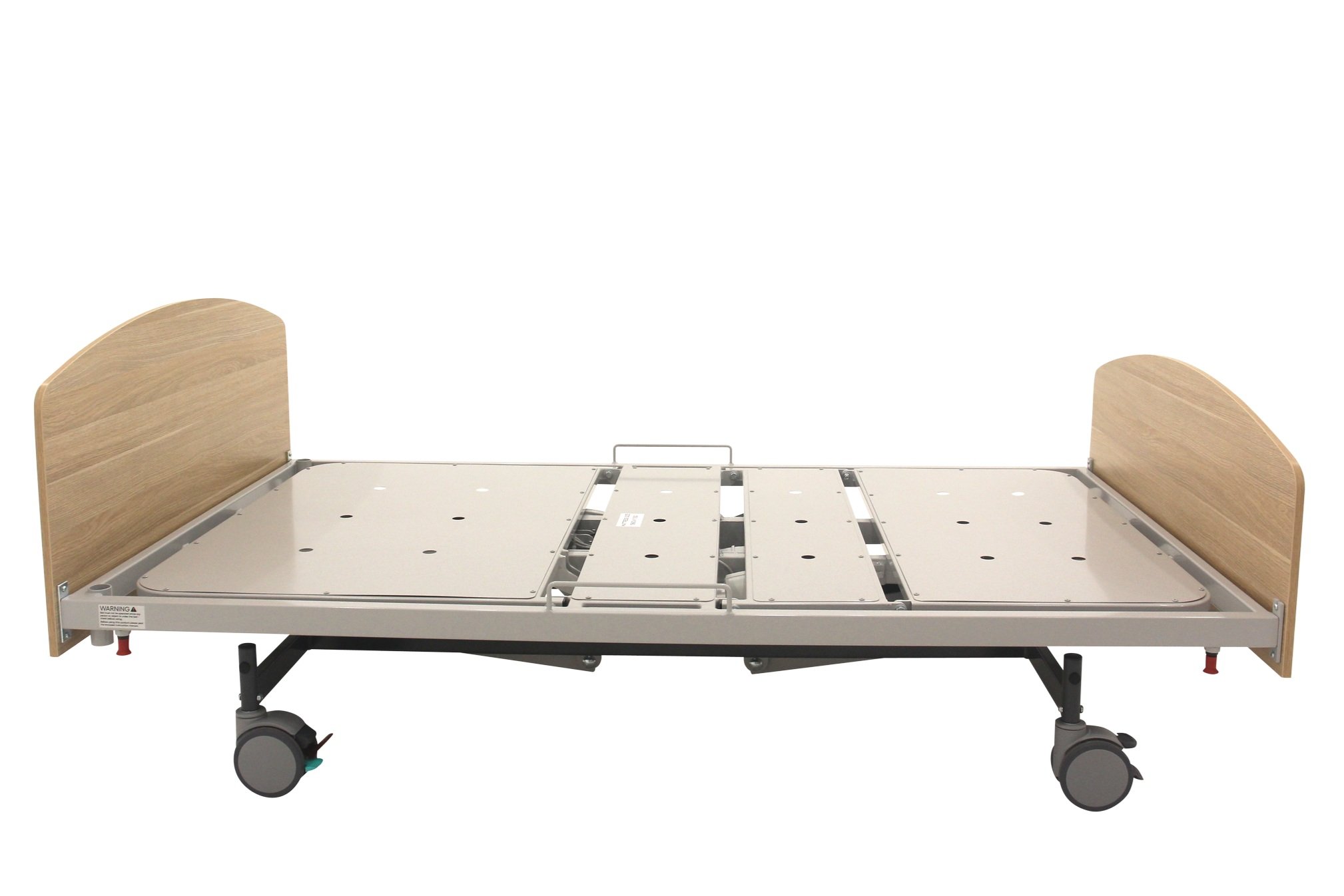 hospital bed frame with wooden headboard and wheels