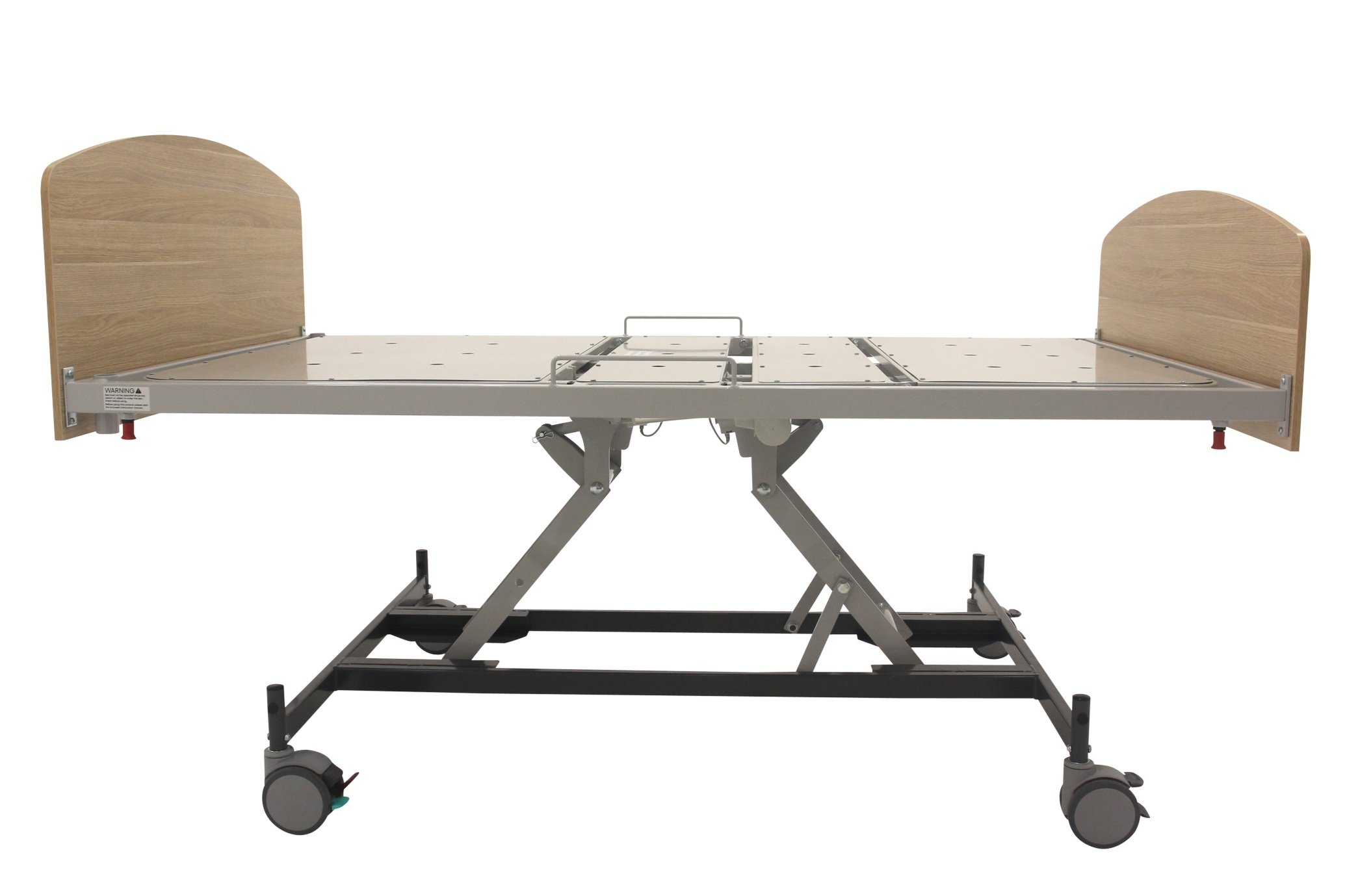 Adjustable hospital bed frame with wooden headboard and footboard, featuring caster wheels and a metal support structure.