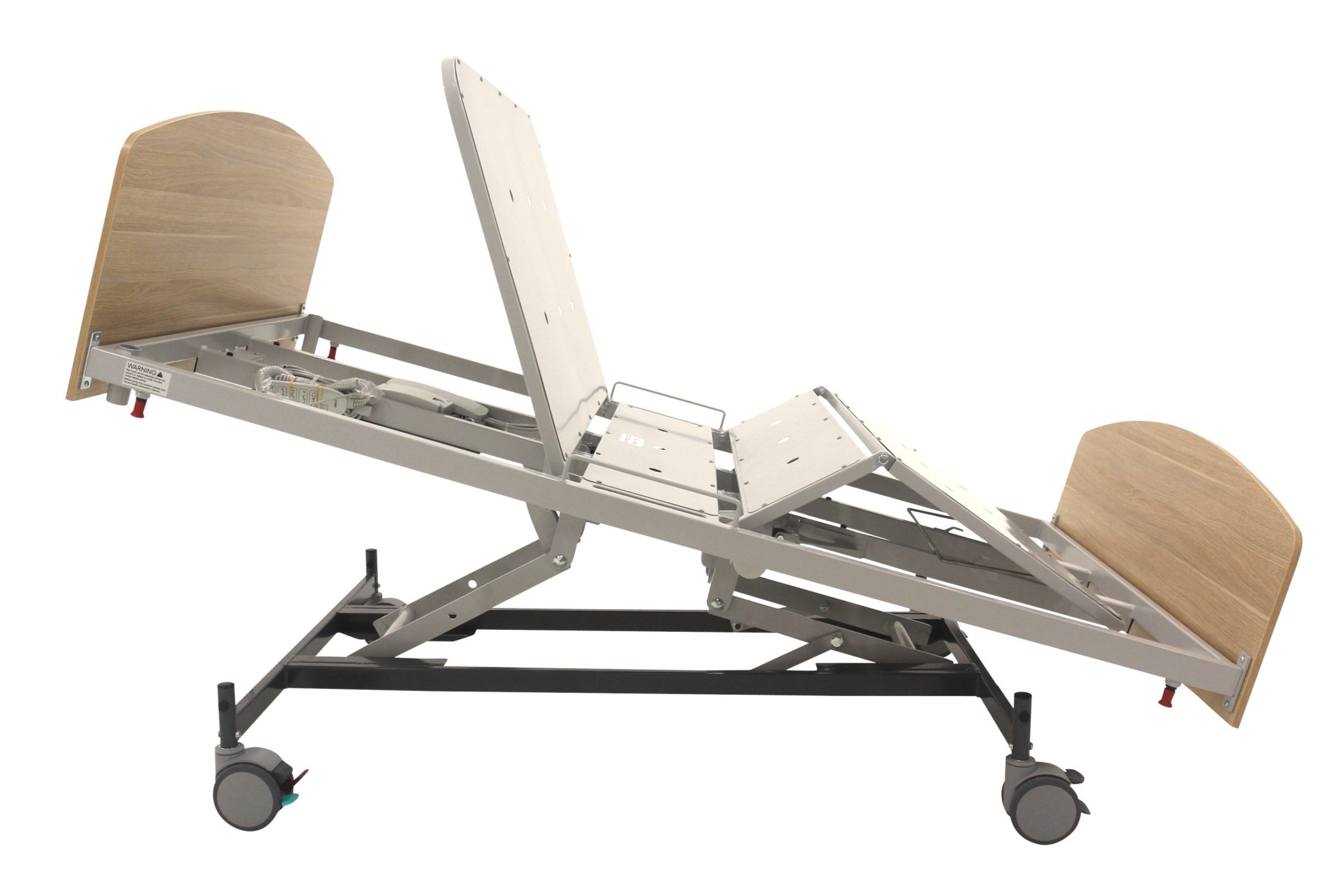adjustable hospital bed with wooden head and foot panels