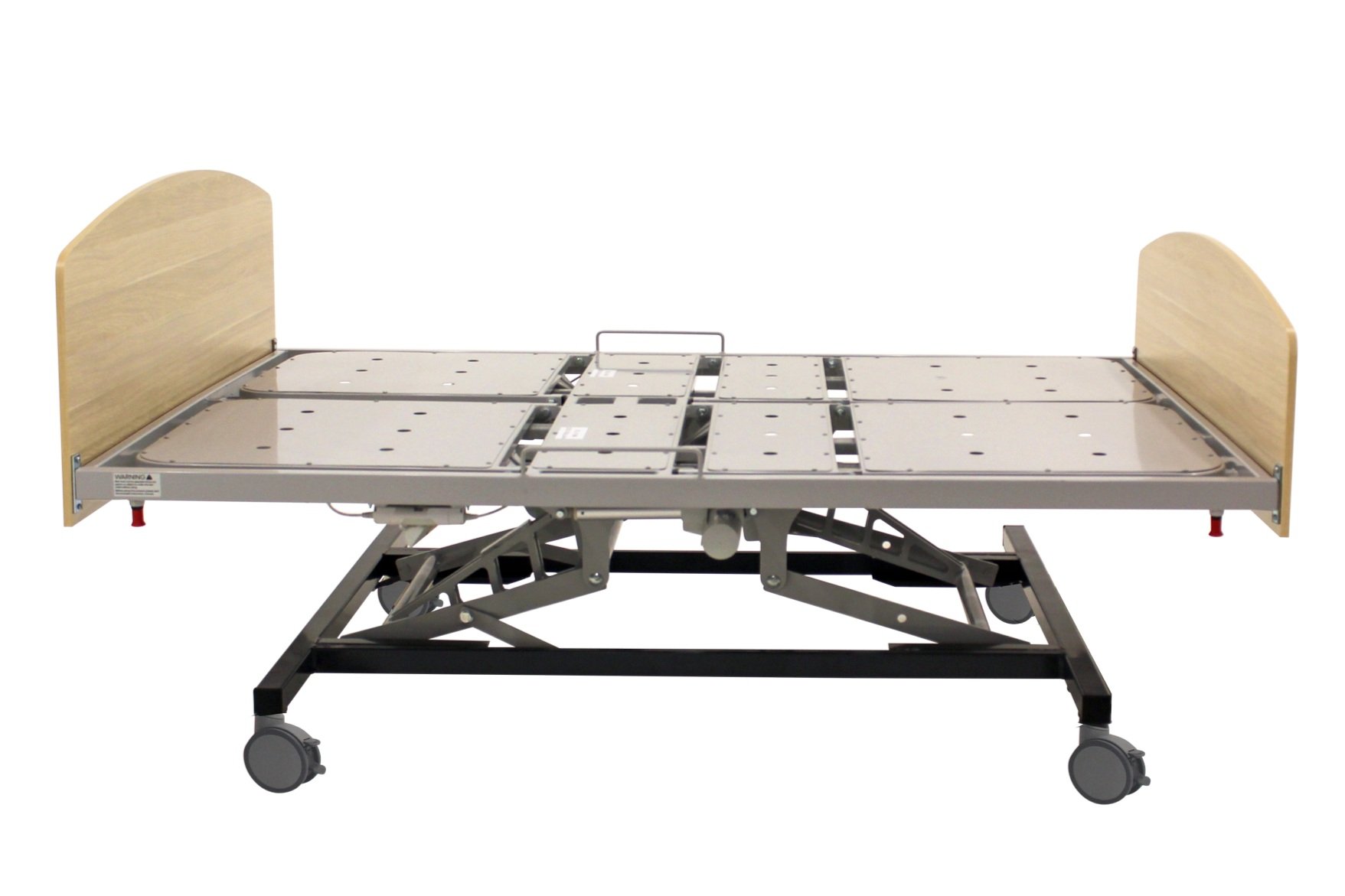 Adjustable hospital bed frame with wheels and wooden headboards.