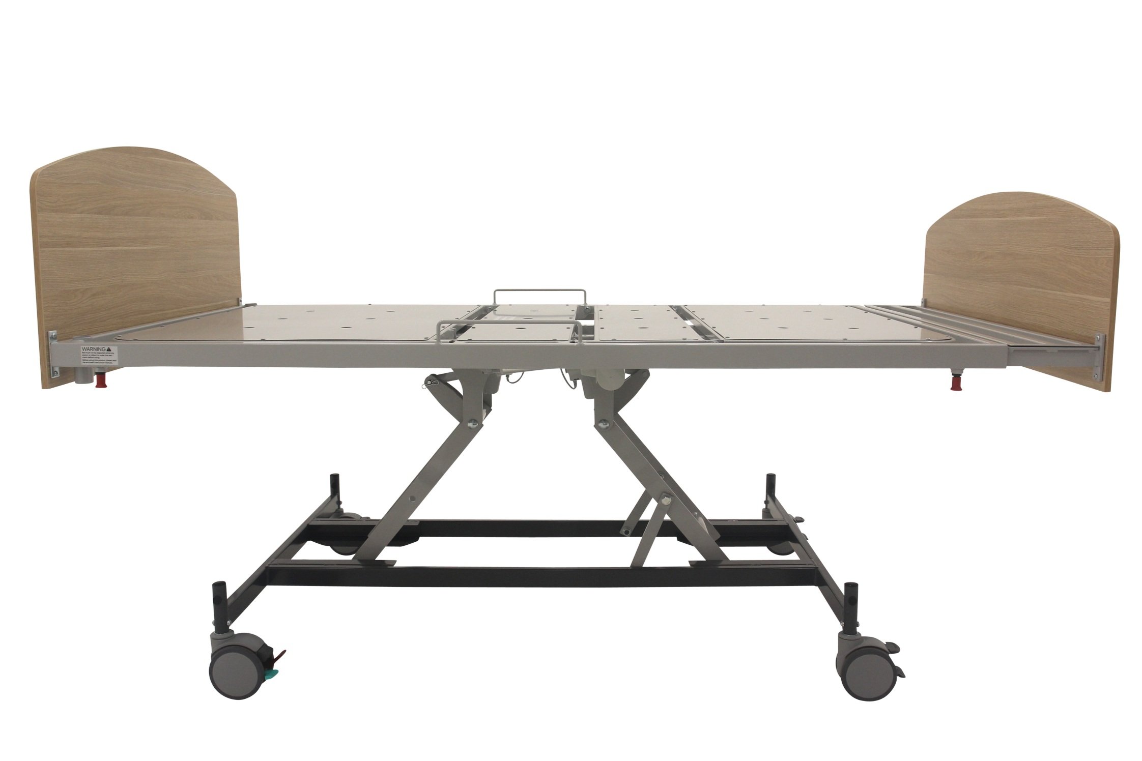 Adjustable hospital bed frame with wheels and wooden headboards on both ends.