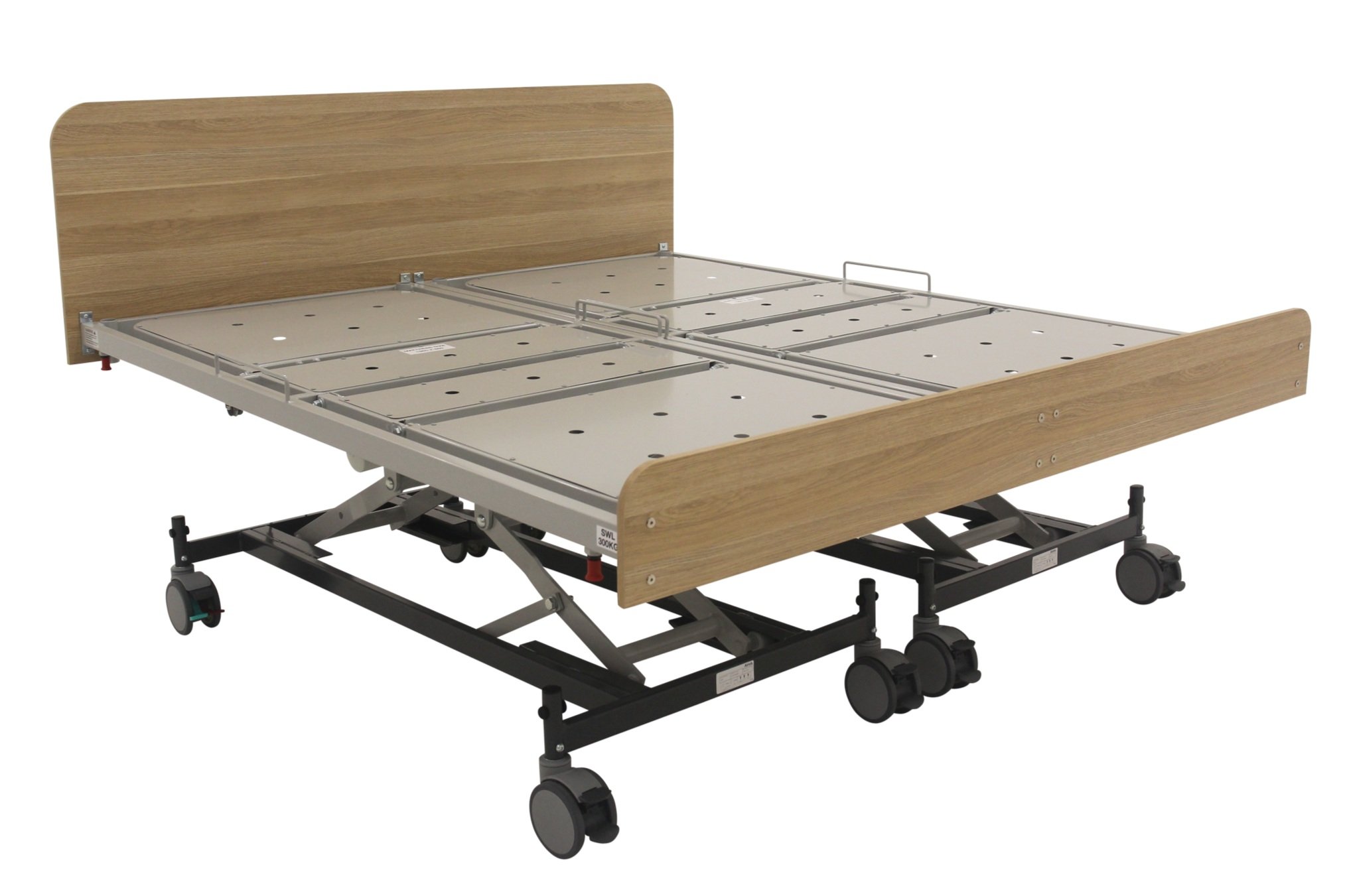 Adjustable hospital bed frame with wheels and wooden headboard and footboard.