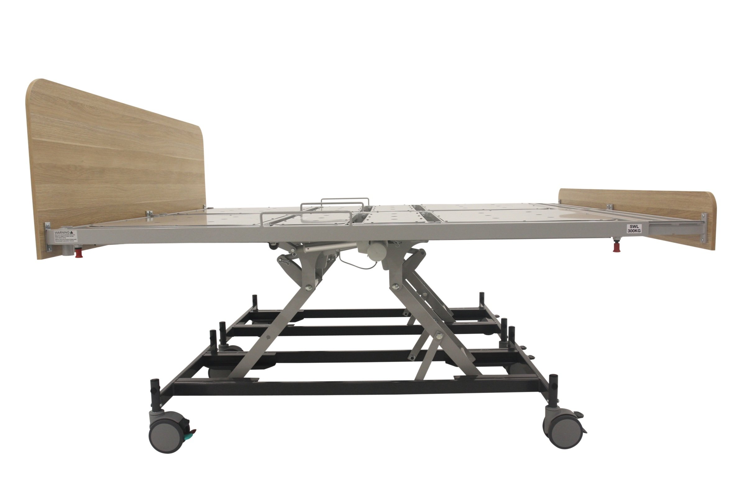 Adjustable hospital bed frame with wooden headboard and footboard.