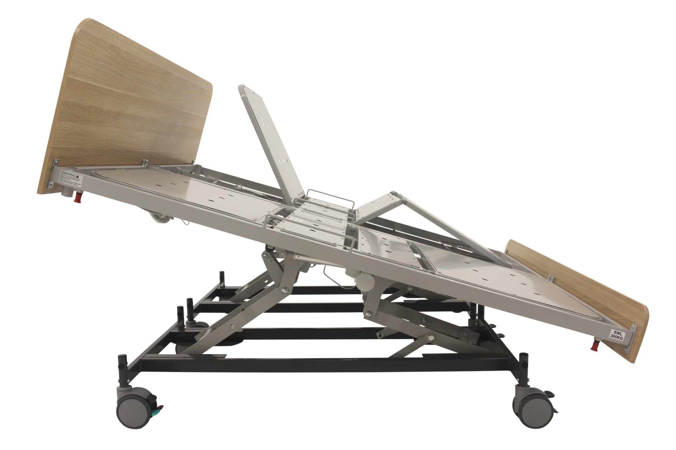 Adjustable hospital bed with wooden headboard and footboard on wheels