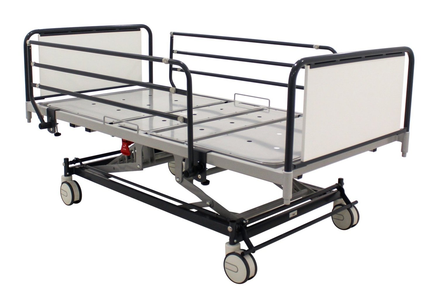 hospital bed with adjustable side rails and wheels