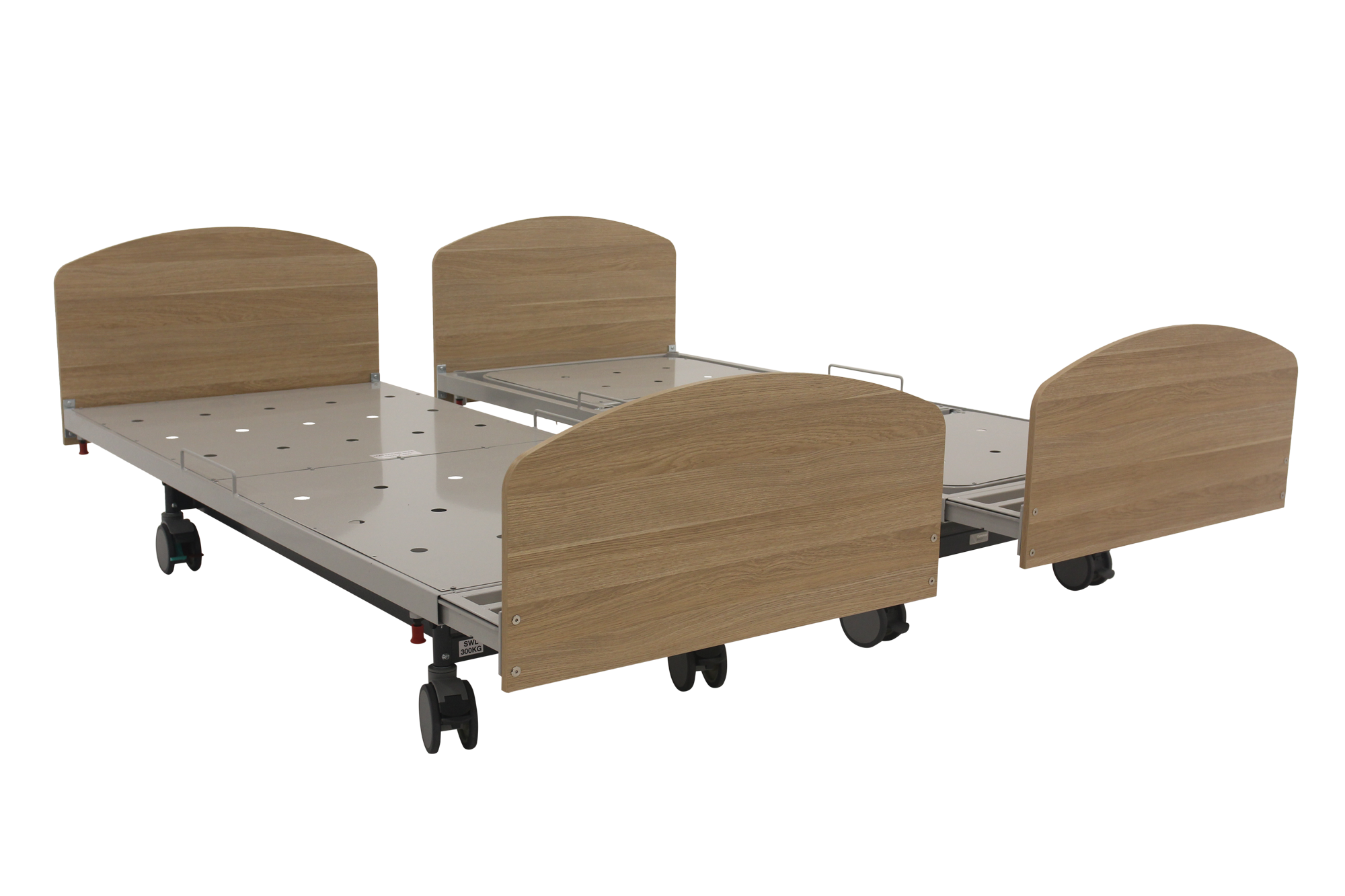hospital bed with wooden headboards and caster wheels
