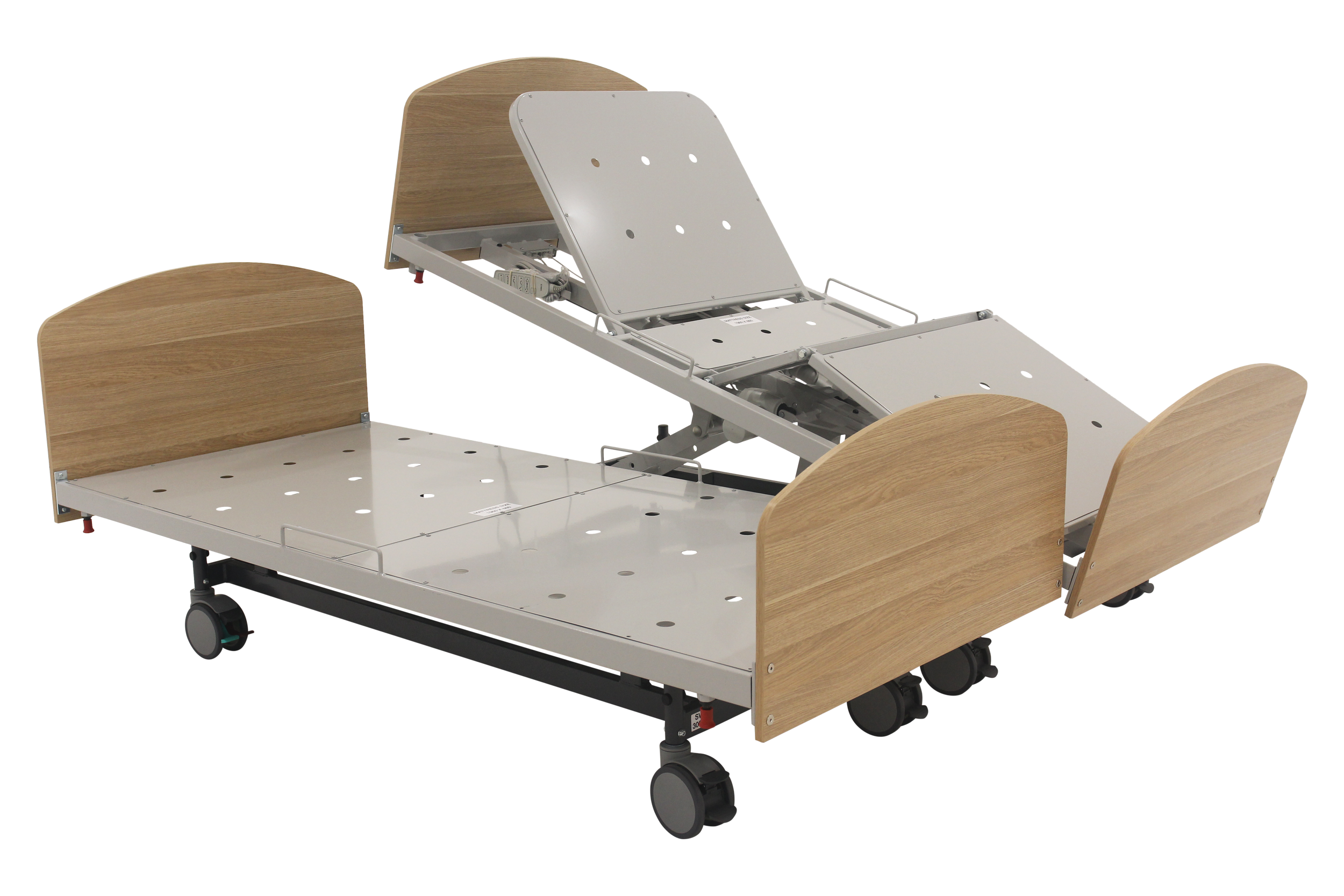 Adjustable hospital bed frame with wood paneling and wheels.