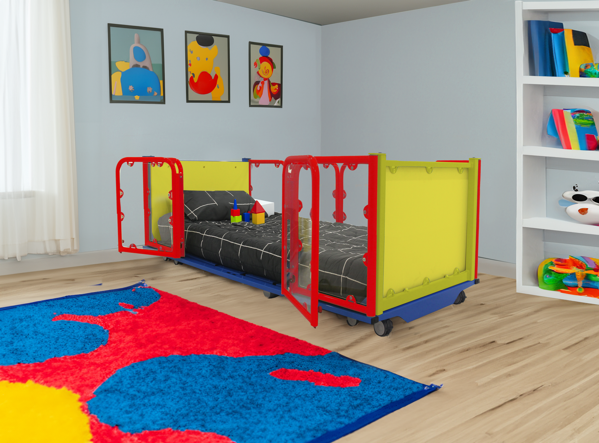 Colorful child’s bedroom with bed, vibrant rug, toys, and wall art.