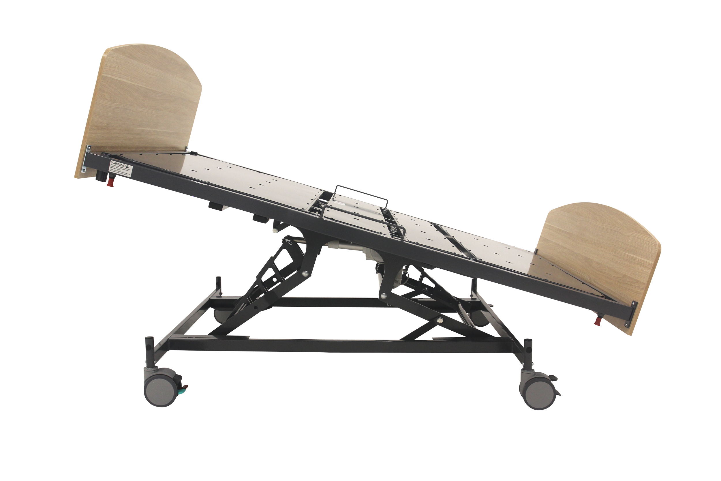Adjustable hospital bed with wooden headboard and footboard on wheels