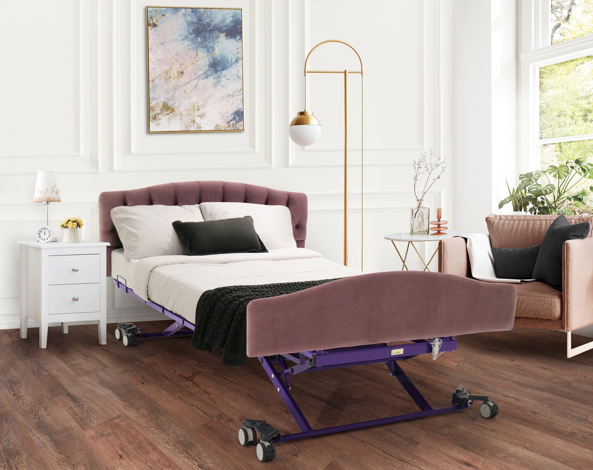 Modern bedroom with an adjustable bed on purple wheels, white nightstand, abstract art, and stylish furniture.