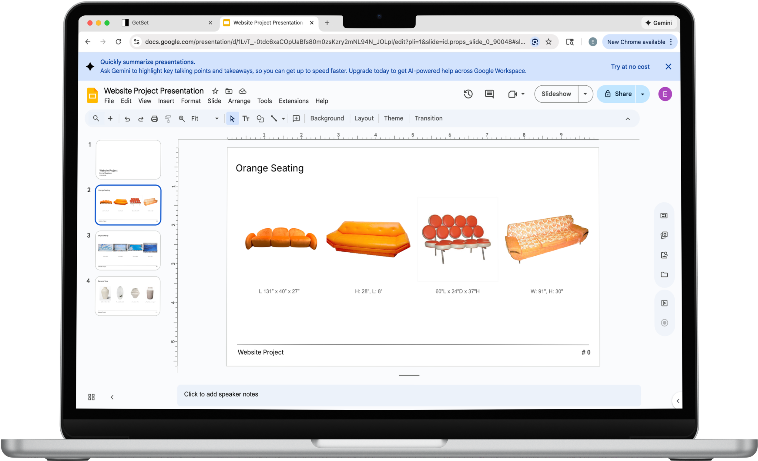 Google Slides presentation showing various orange seating options with images and dimensions listed beneath each.