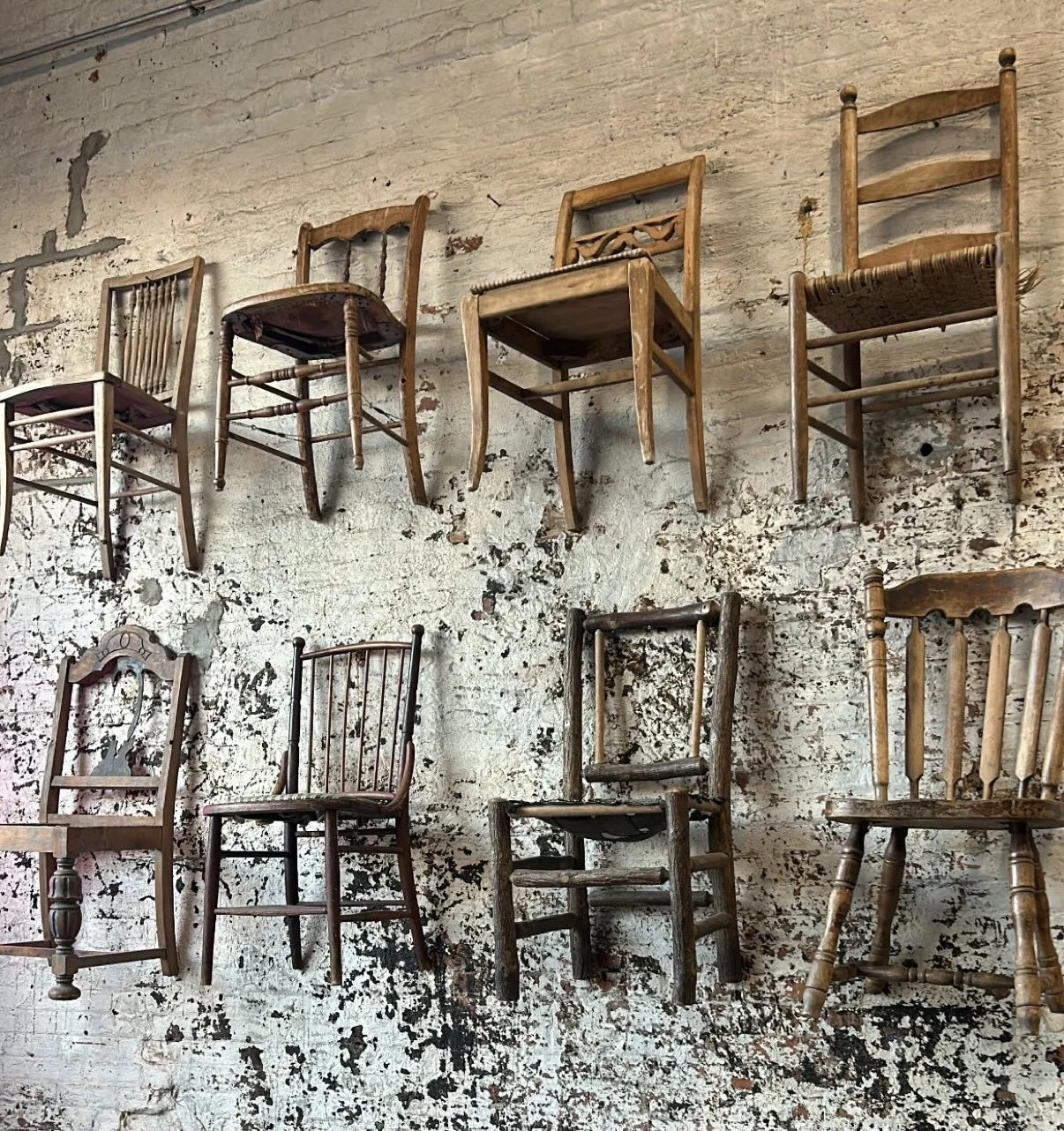A collection of vintage wooden chairs mounted on a distressed, peeling white brick wall.