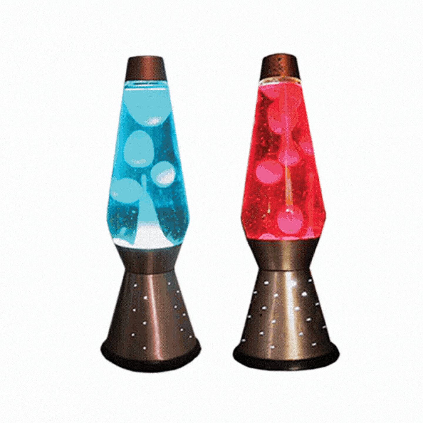 Pair of lava lamps with colorful liquid and bubbles, one blue and one pink, against a white background.