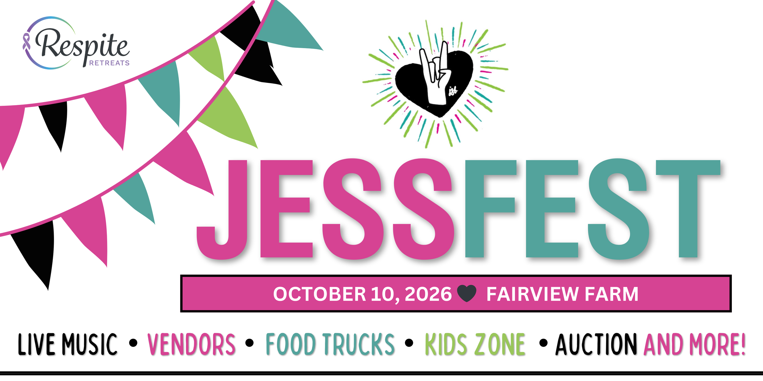 Event poster for Jesse Fest on October 10, 2026, at Fairview Farm. Features colorful bunting, a heart with a hand making a Westside sign, and details about live music, vendors, food trucks, kids zone, auction, and more.