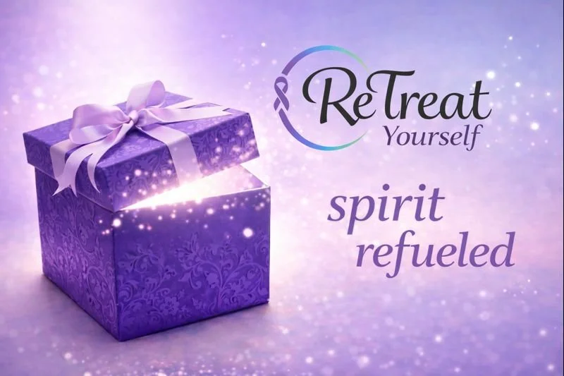 A purple gift box with a ribbon and bow on top, glowing with sparkles, alongside text that reads "ReTreat Yourself" and "spirit refueled" on a purple background.