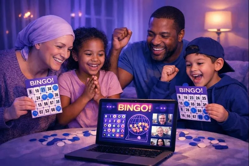 A family of four playing bingo at home, smiling and looking at a laptop with bingo game on the screen.