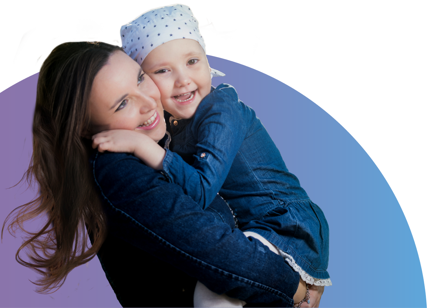 A woman holding a smiling young girl with a bandana on her head, both wearing denim outfits, against a purple and blue background.