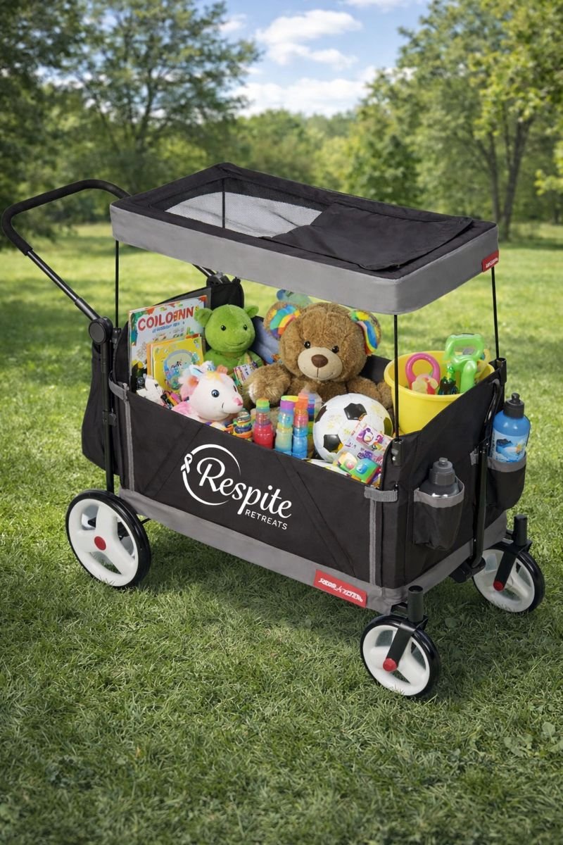 A fully stocked black and gray outdoor wagon filled with plush toys, toys, and children's items, under a clear sky with trees in the background.