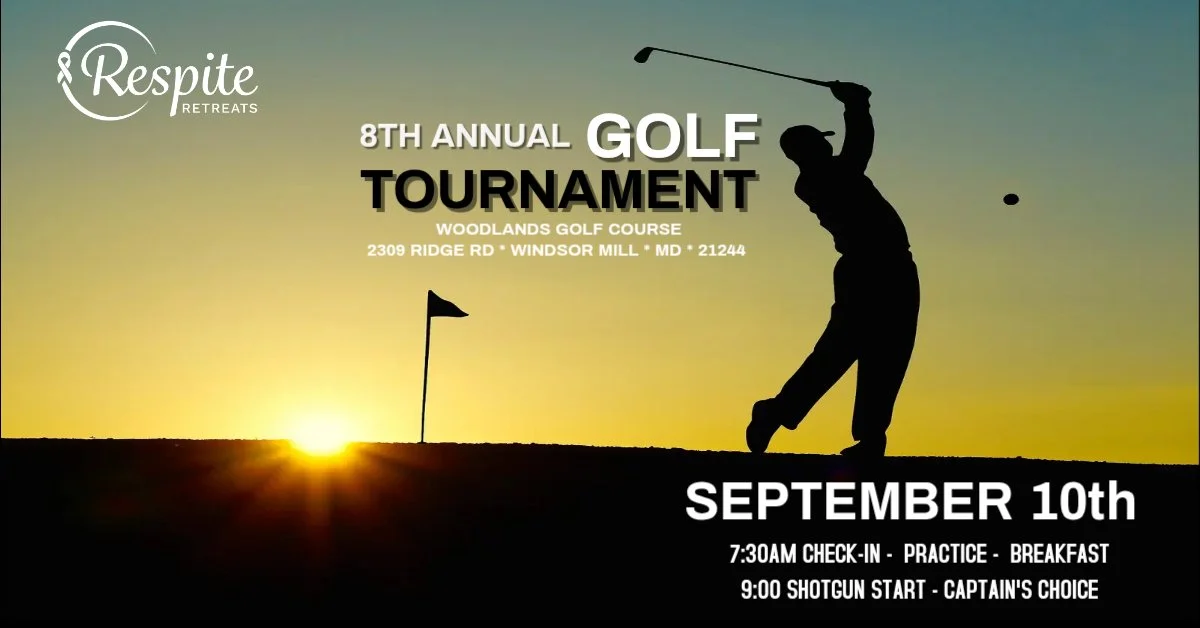 Silhouette of a golfer swinging a club on a golf course at sunset, with a flag on the green and text overlay for the eighth annual golf tournament at Woodlands Golf Course on September 10th, including event details.