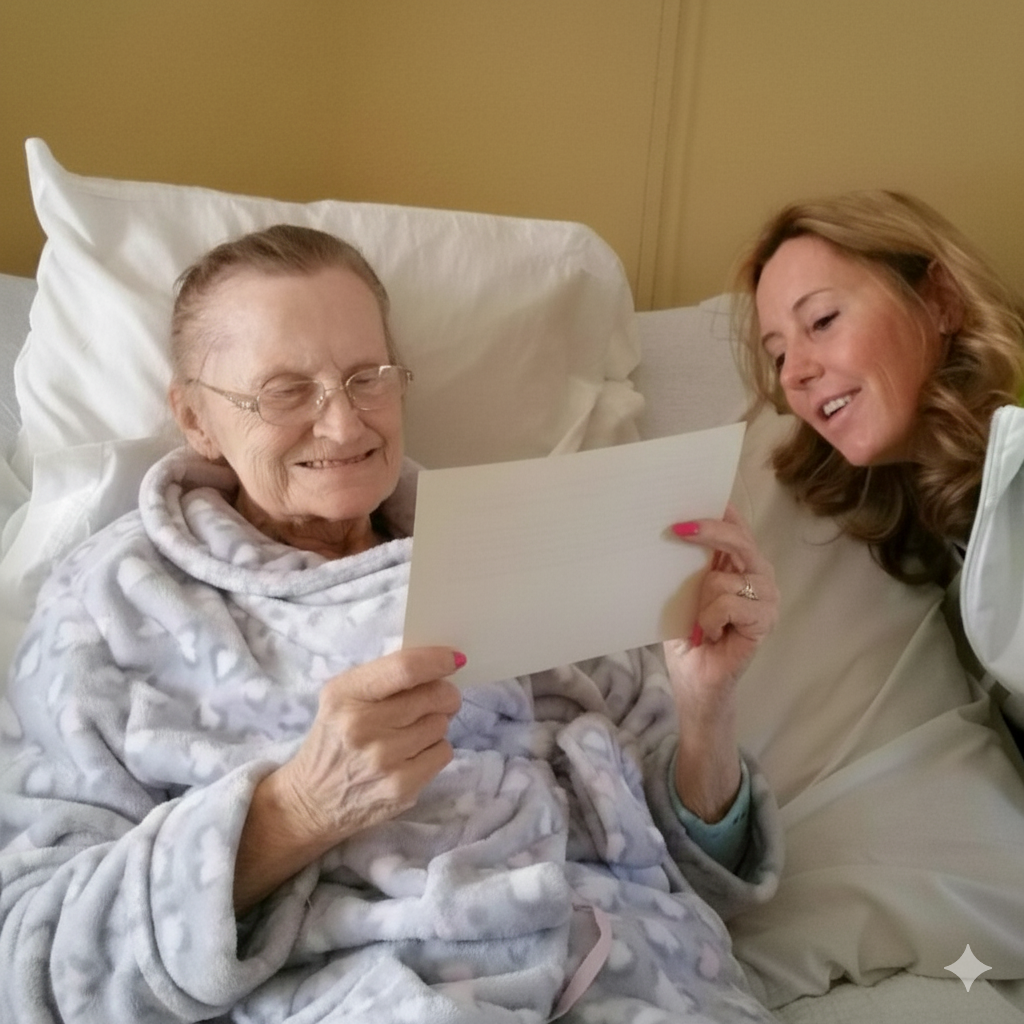 An elderly woman in a hospital bed with a younger woman smiling and reading a card together.