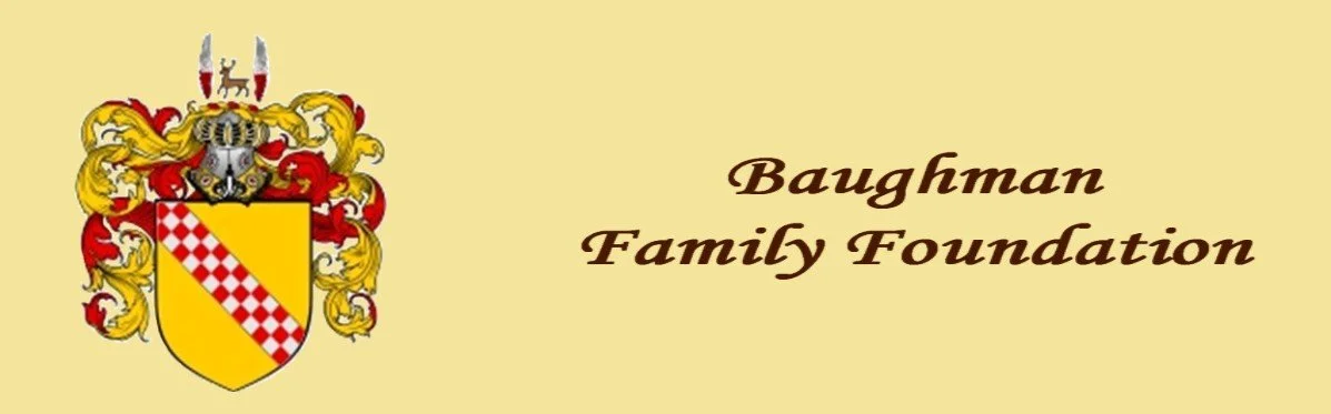 A family crest with a yellow shield and a red and white checkered diagonal stripe, topped with a knight's helmet and decorative gold and red mantling, next to the text 'Baughman Family Foundation' in brown cursive.