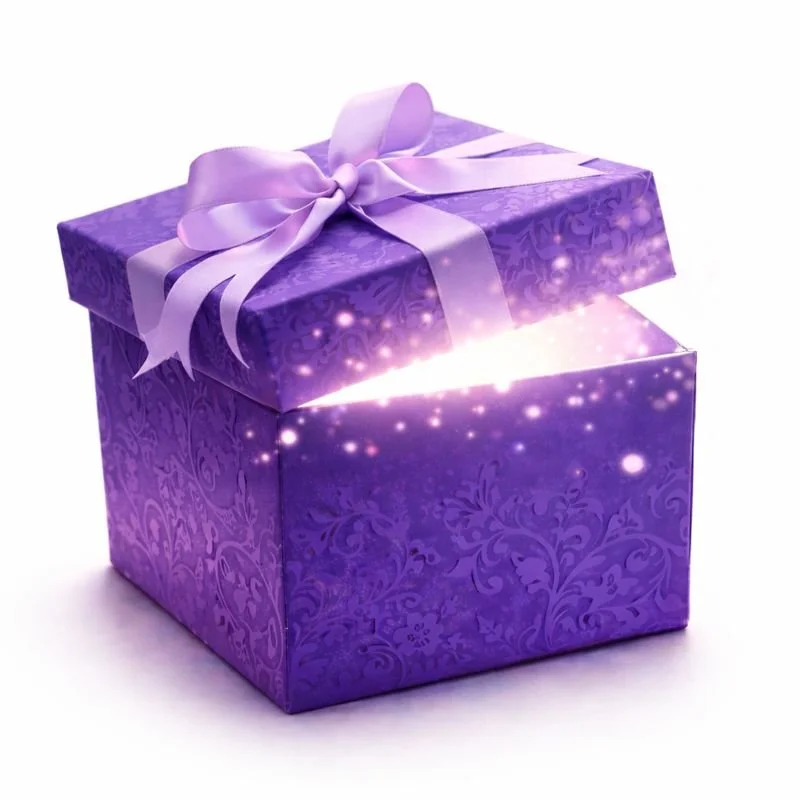 A purple gift box with a floral pattern, topped with a matching purple ribbon tied in a bow, and an animated glow and sparkles emitting from inside.